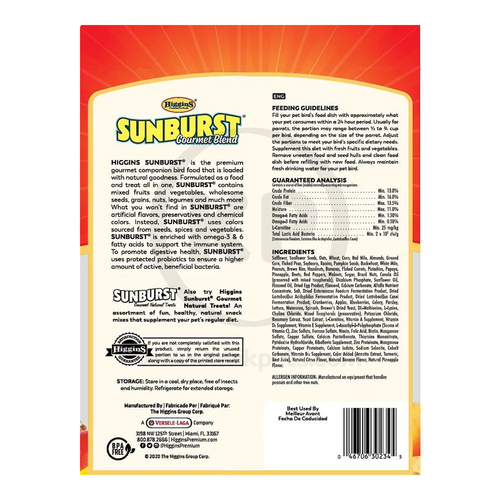 Higgins Sunburst Gourmet Blend Parrot Bird Food 3-lb