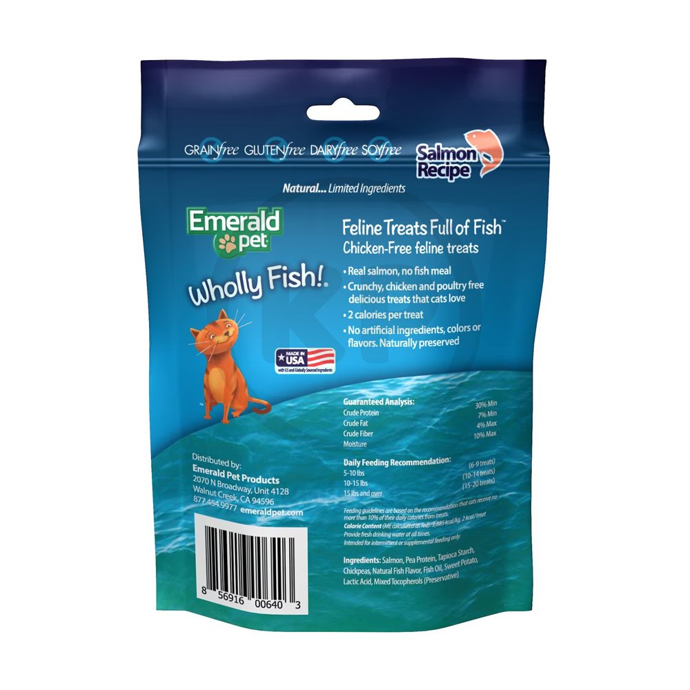 Emerald Pet Wholly Fish! Chicken-Free Digestive Health Cat Treats Salmon Recipe 3-oz