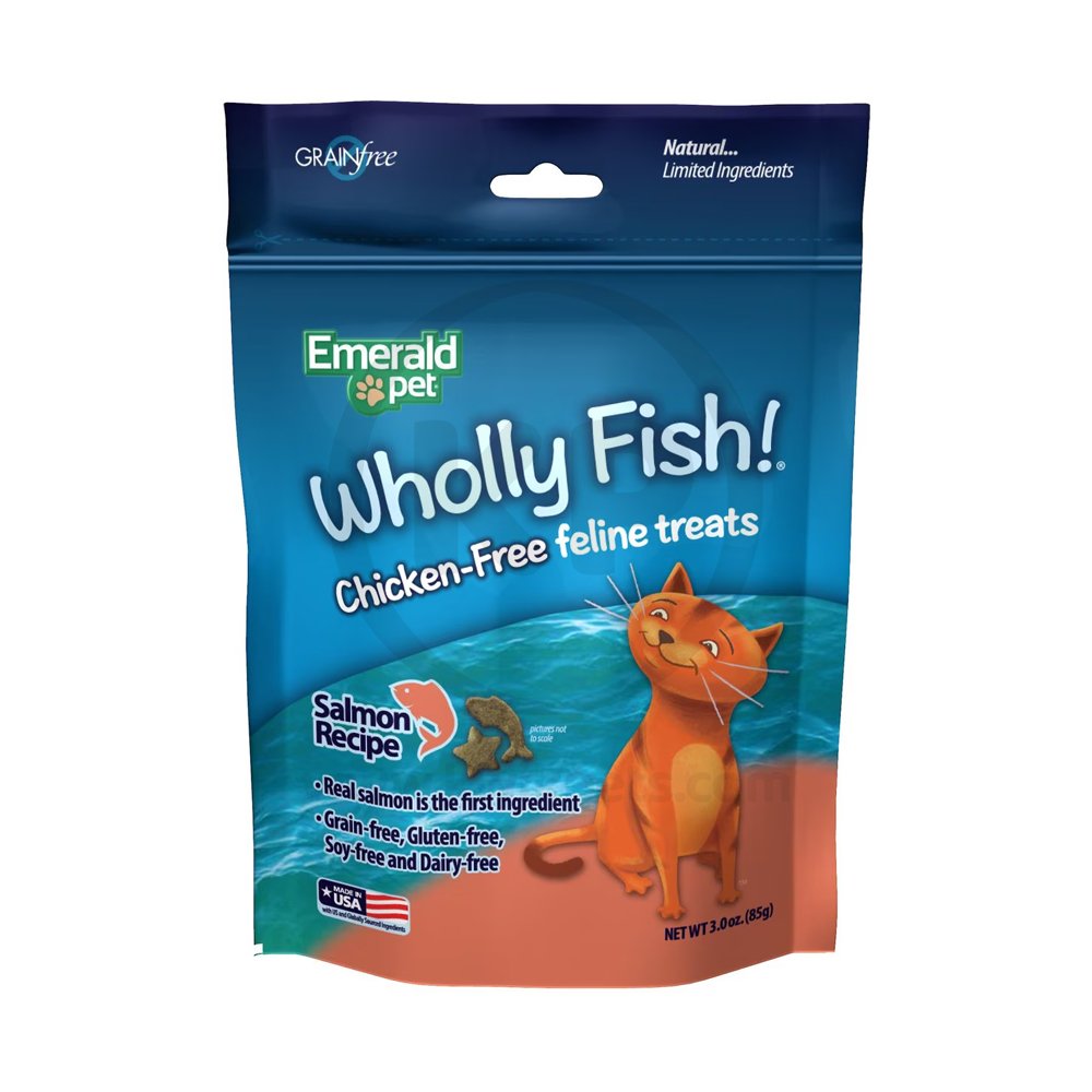 Emerald Pet Wholly Fish! Chicken-Free Digestive Health Cat Treats Salmon Recipe 3-oz