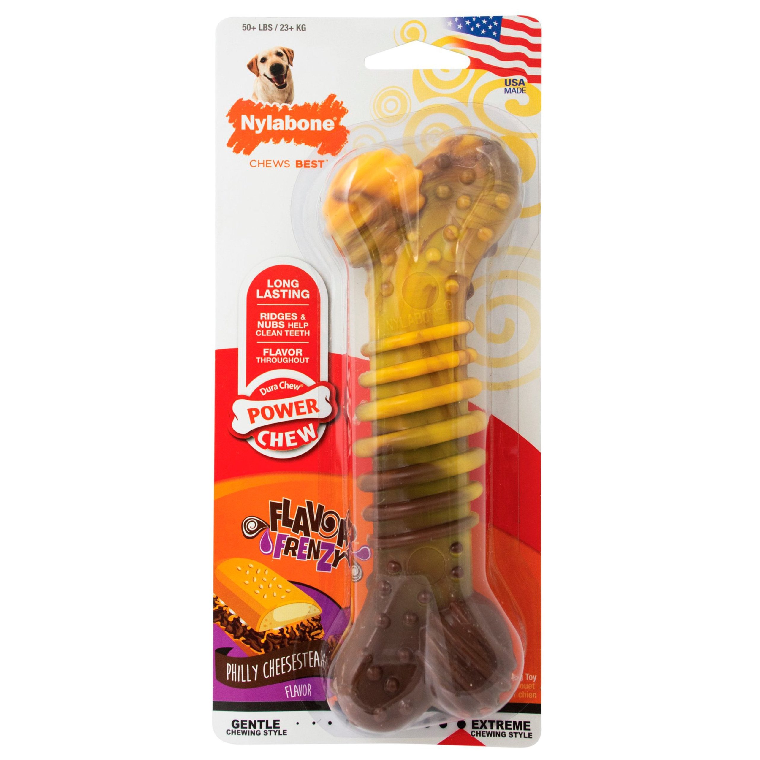 Nylabone Flavor Frenzy Power Chew Durable Dog Toy Philly Cheesesteak XL/Souper – 50+ lbs