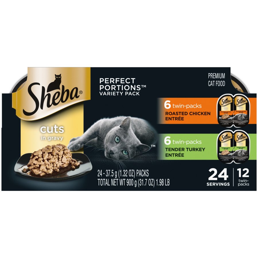 Sheba Perfect Portions Cuts in Gravy Wet Cat Food Roasted Chicken & Tender Turkey 12 Twin Variety Pack 24 Count 1.98-lb