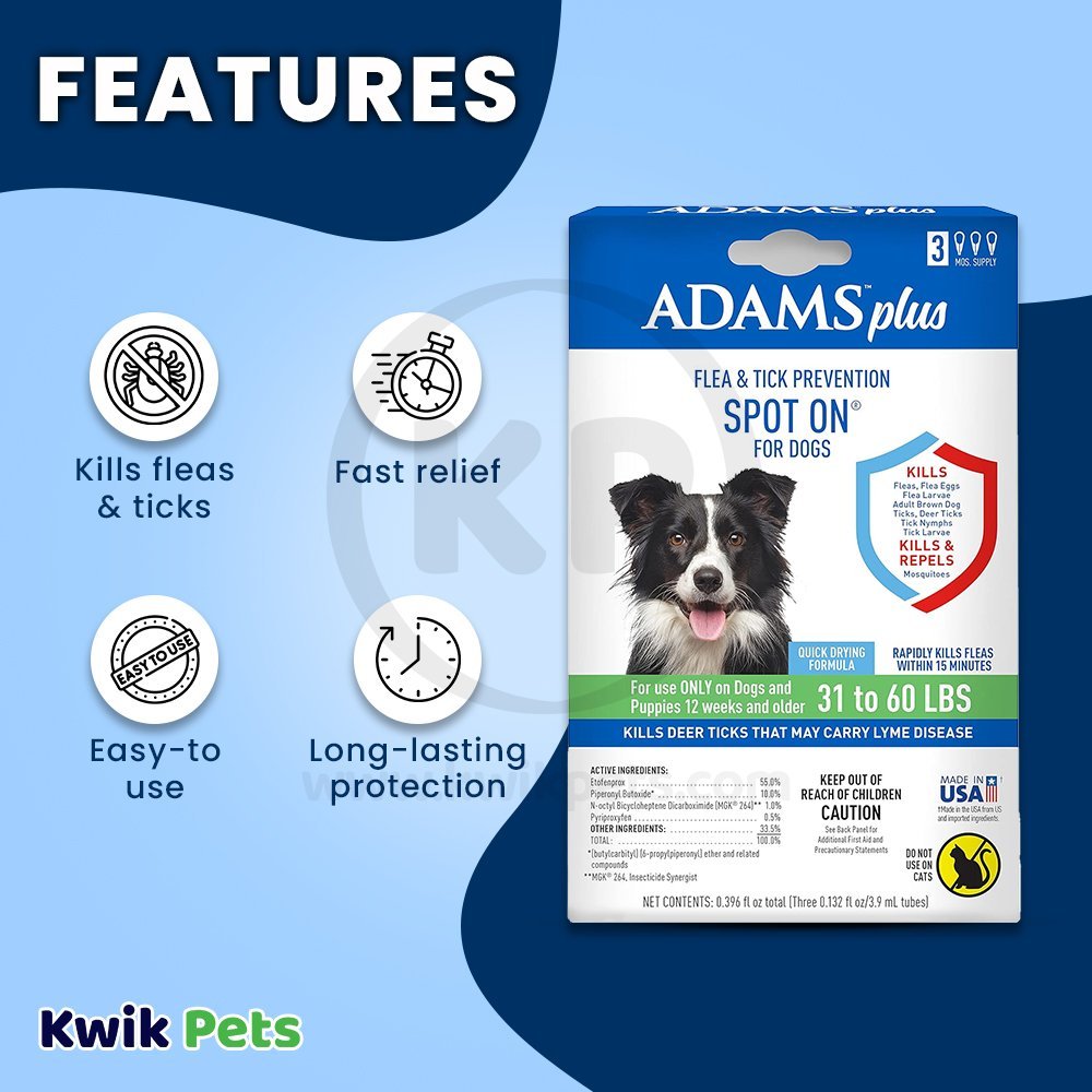 Adams Plus Flea & Tick 3 Month Supply Prevention Spot On for Large Dogs 31 to 60 lbs Clear