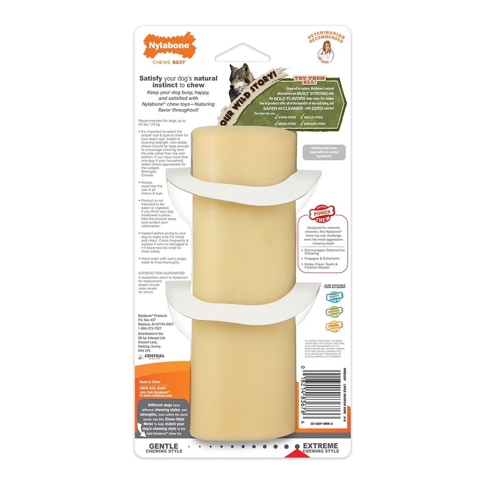 Nylabone Power Chew Giant Marrow Bone Alternative Dog Toy Beef Large/Giant – Up To 50 lbs