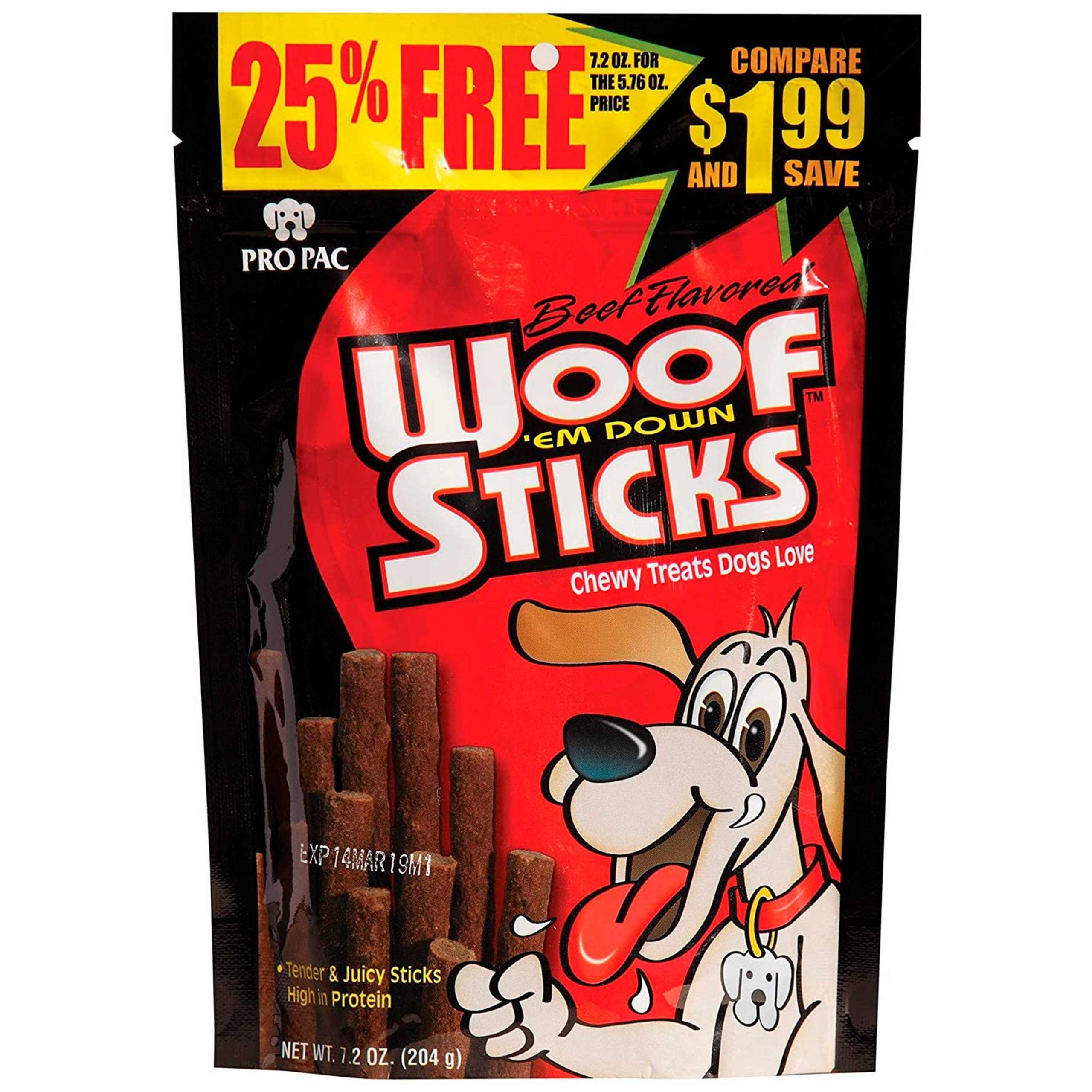 Pro Pac Woof ‘Em Down Sticks Chewy Dog Treats Beef 7.2-oz