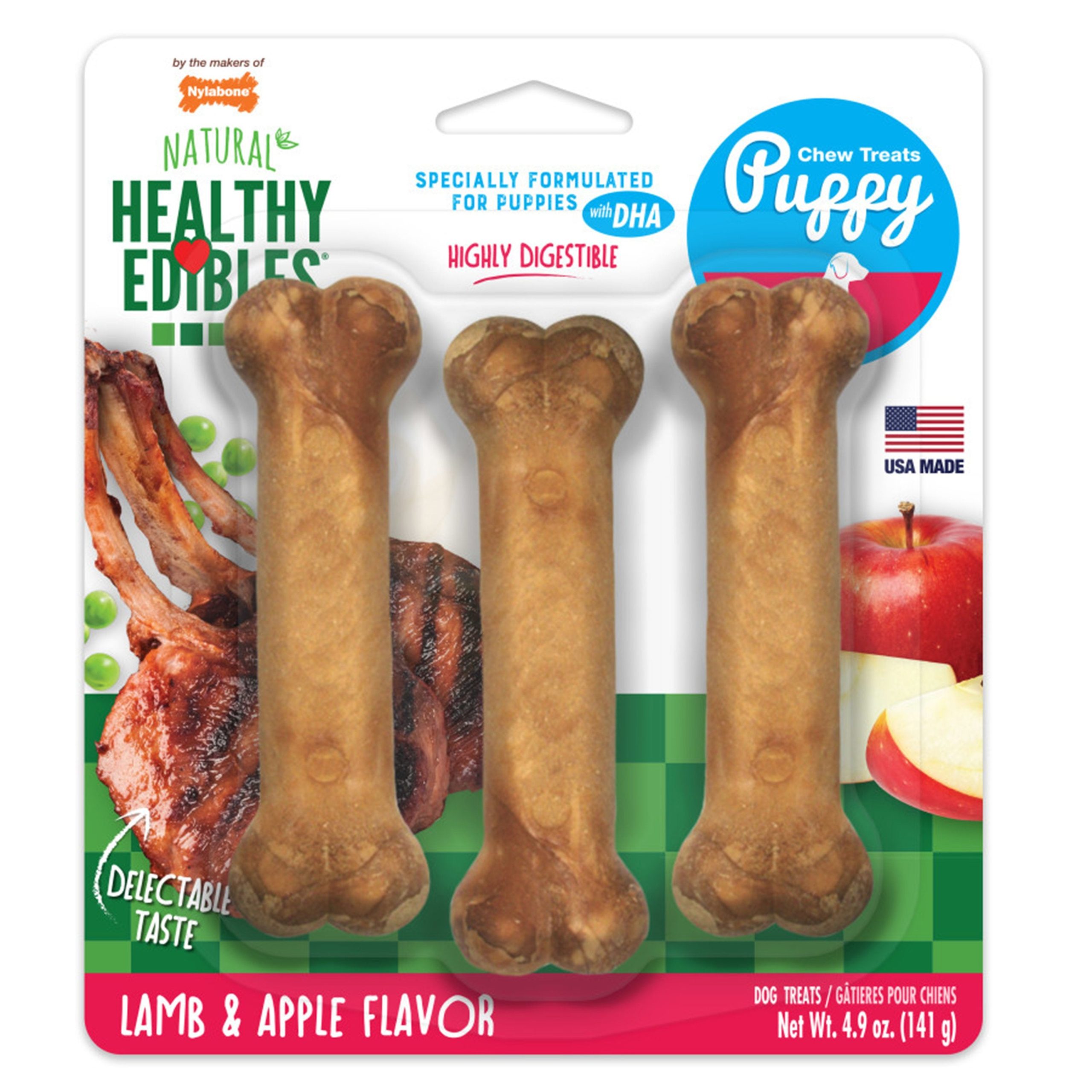 Nylabone Healthy Edibles Animal-Shaped Puppy Chew Treats Lamb & Apple Small/Regular – Up To 25 Ibs 3 Count