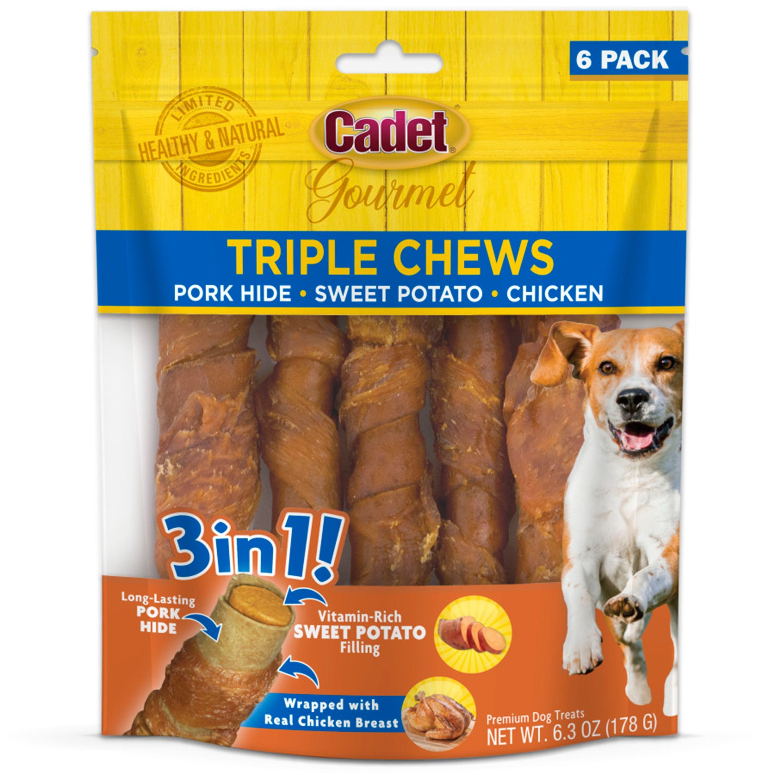 Cadet Gourmet Triple Chews Pork Hide Twists Dog Treat Chicken & Sweet Potato 6 Count 6.3-oz