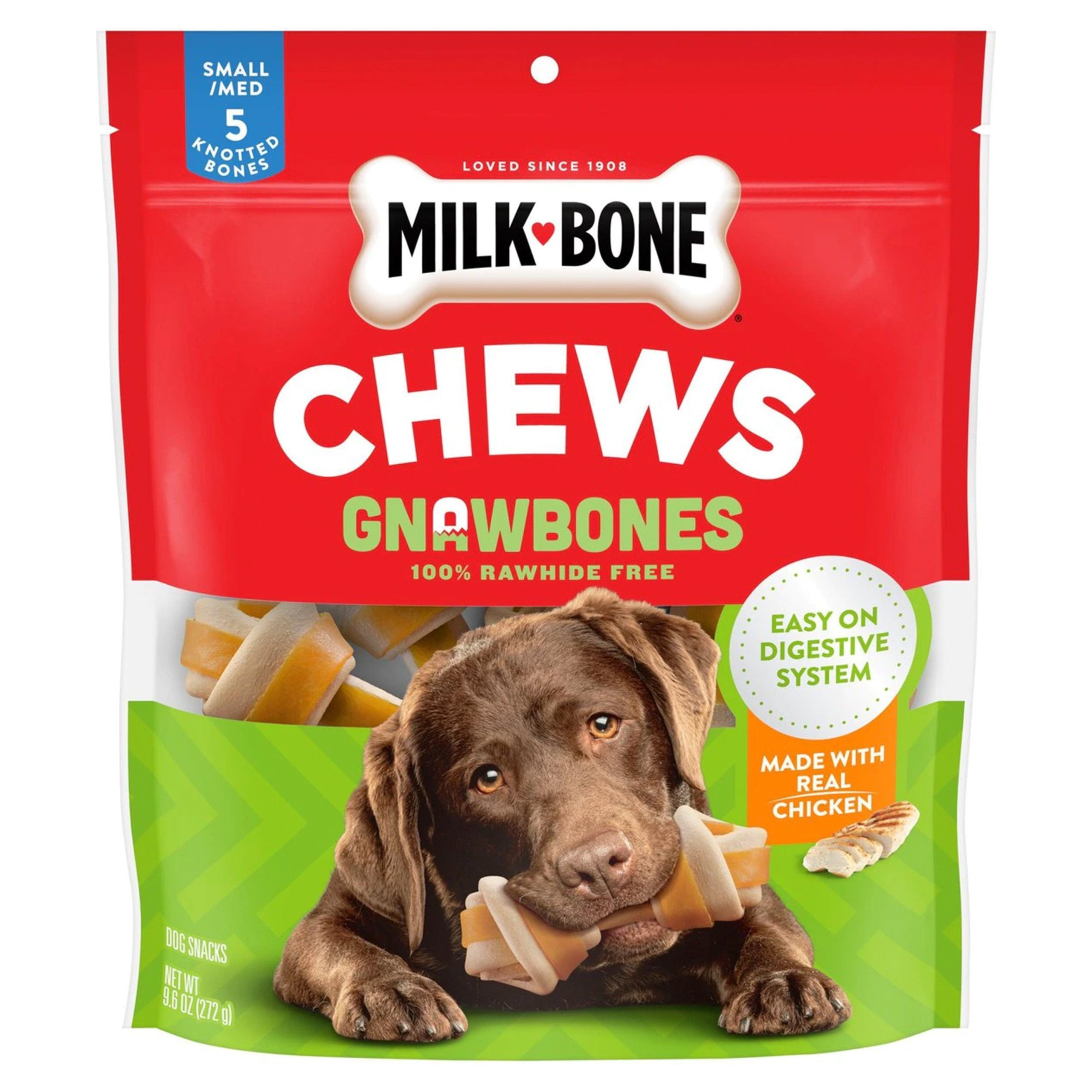 Milk-Bone Chews Knotted Gnaw Bones Chicken Dog Treats Small/Medium 5 Count 9.6-oz