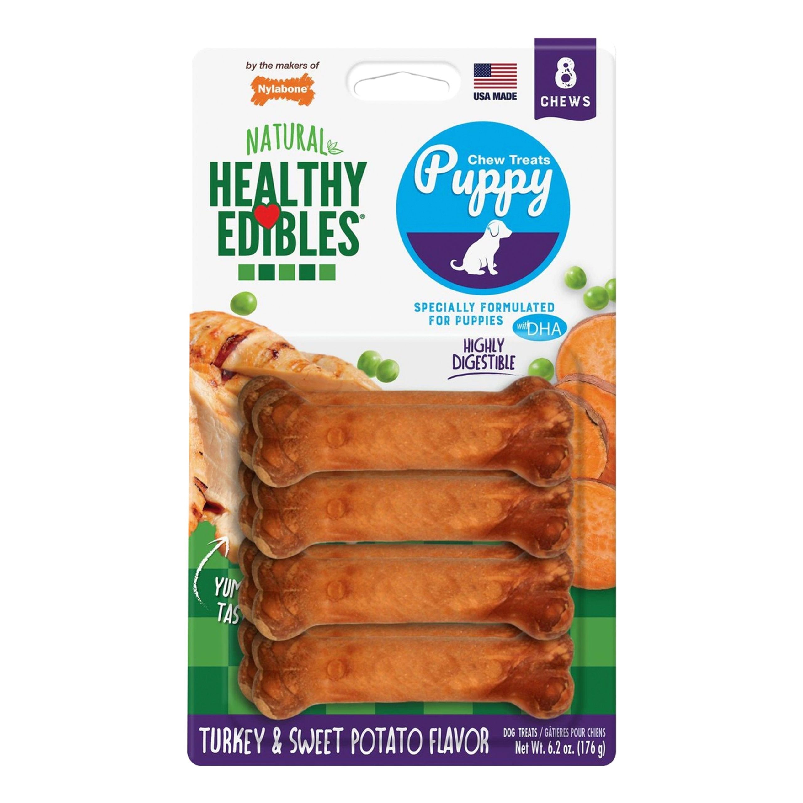 Nylabone Healthy Edibles Puppy Chew Treats Turkey & Sweet Potato XS/Petite – Up To 15 lbs 8 Count