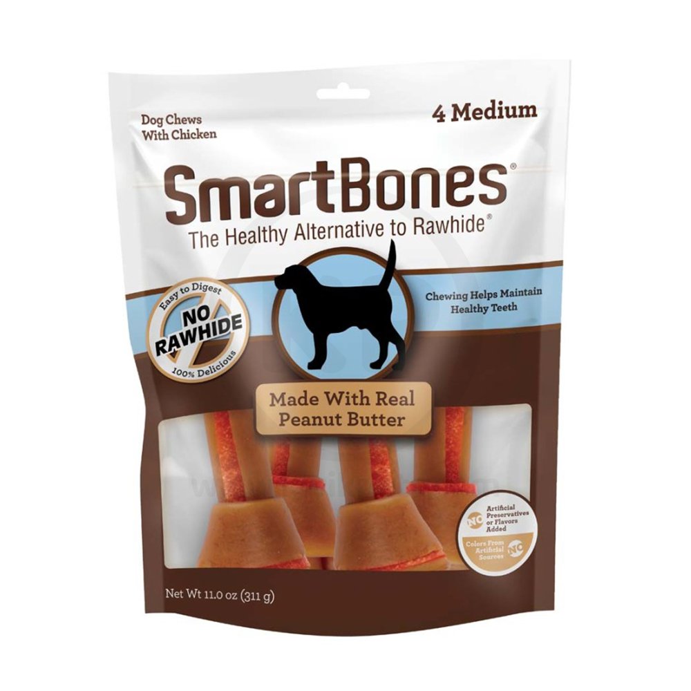 SmartBones Artificial-Free Medium Classic Bone Chews Dog Treat Peanut Butter 4 Count 11-oz