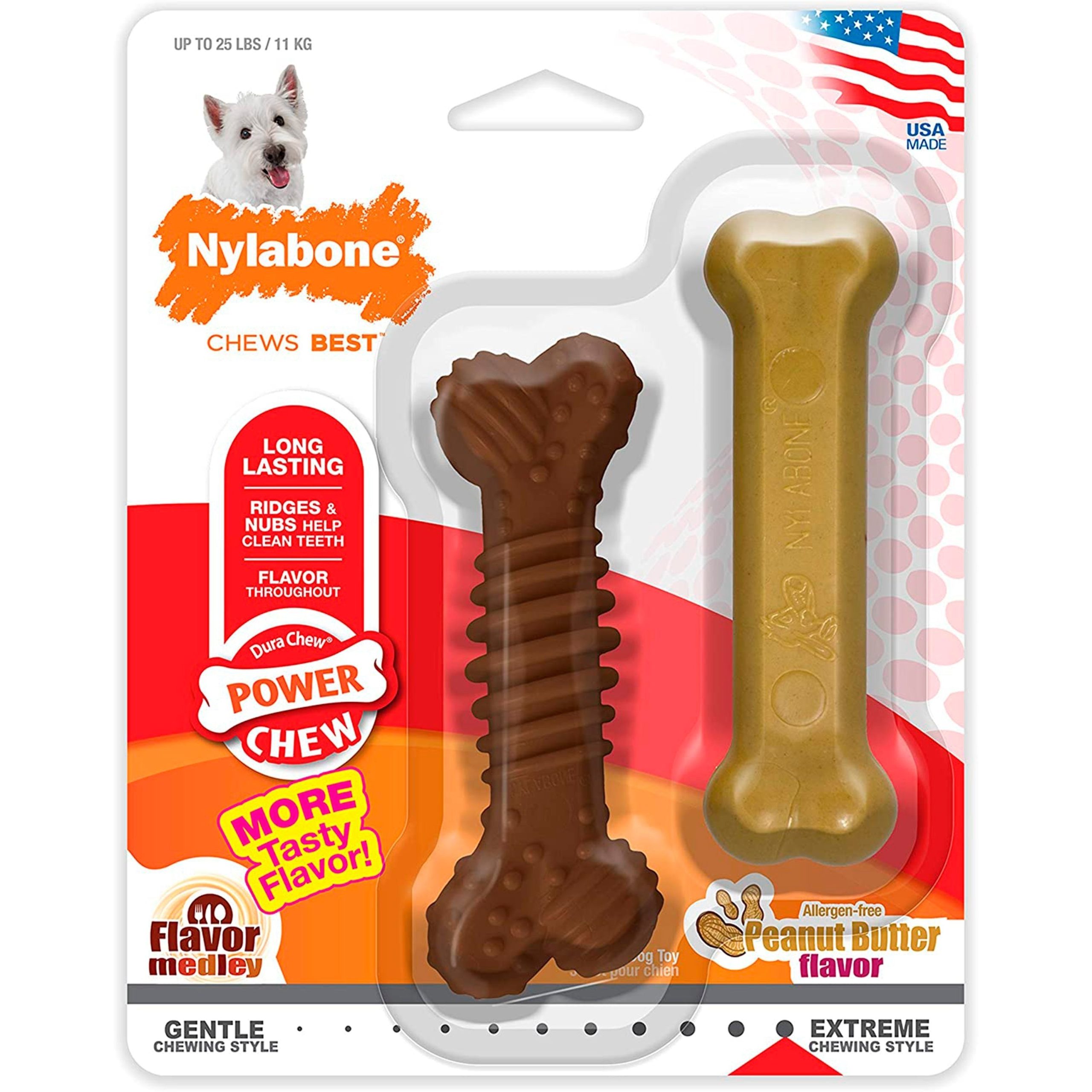 Nylabone Power Chew Durable Dog Toy Medley & Peanut Butter Small/Regular – Up To 25 lbs 2 Count