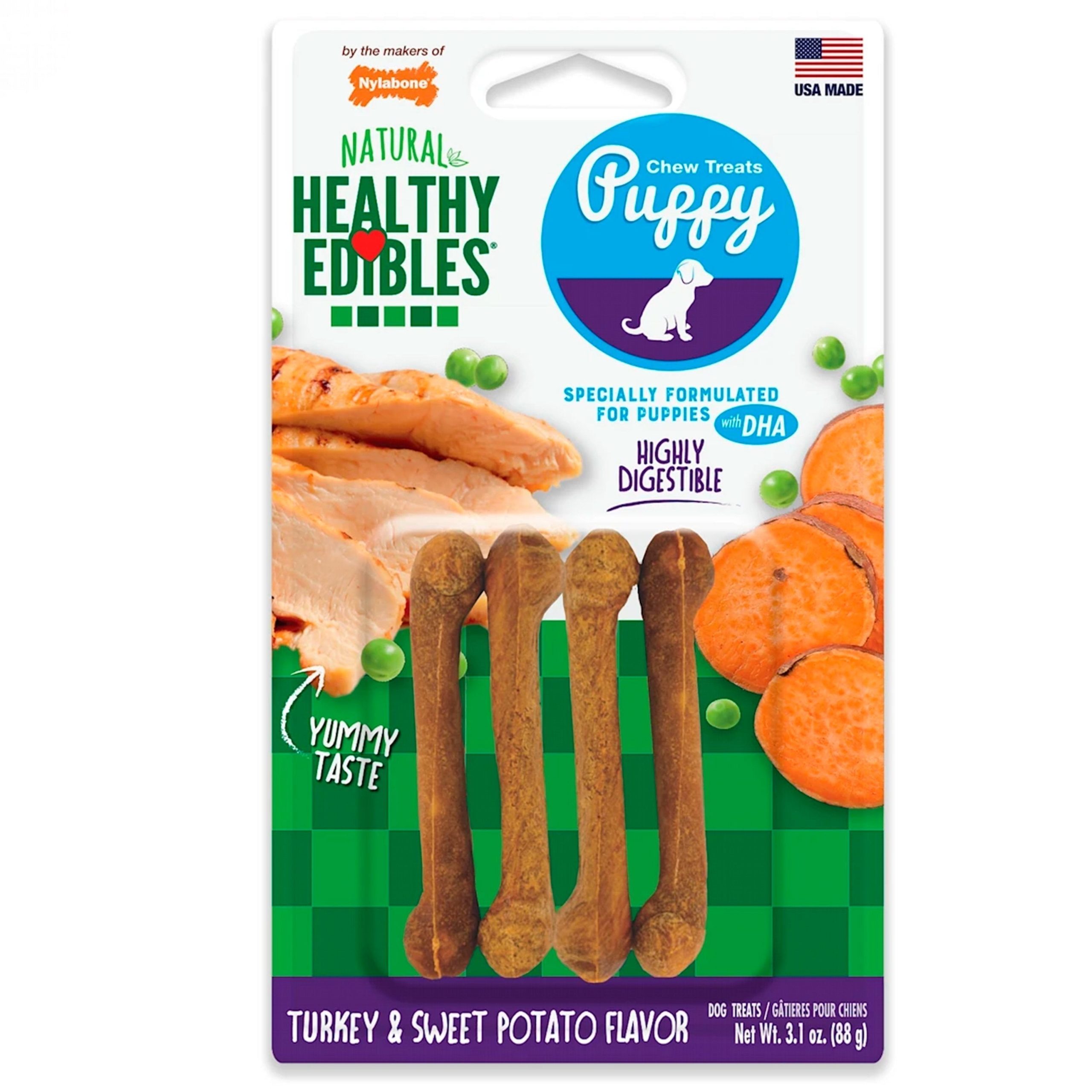 Nylabone Healthy Edibles Puppy Chew Treats Turkey & Sweet Potato XS/Petite – Up To 15 lbs 4 Count