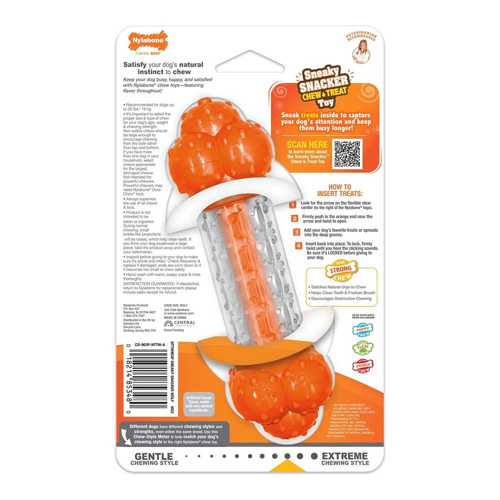 Nylabone Sneaky Snacker Chew & Treat Dog Toy Bacon Flavor Orange Medium/Wolf – Up To 35 lbs