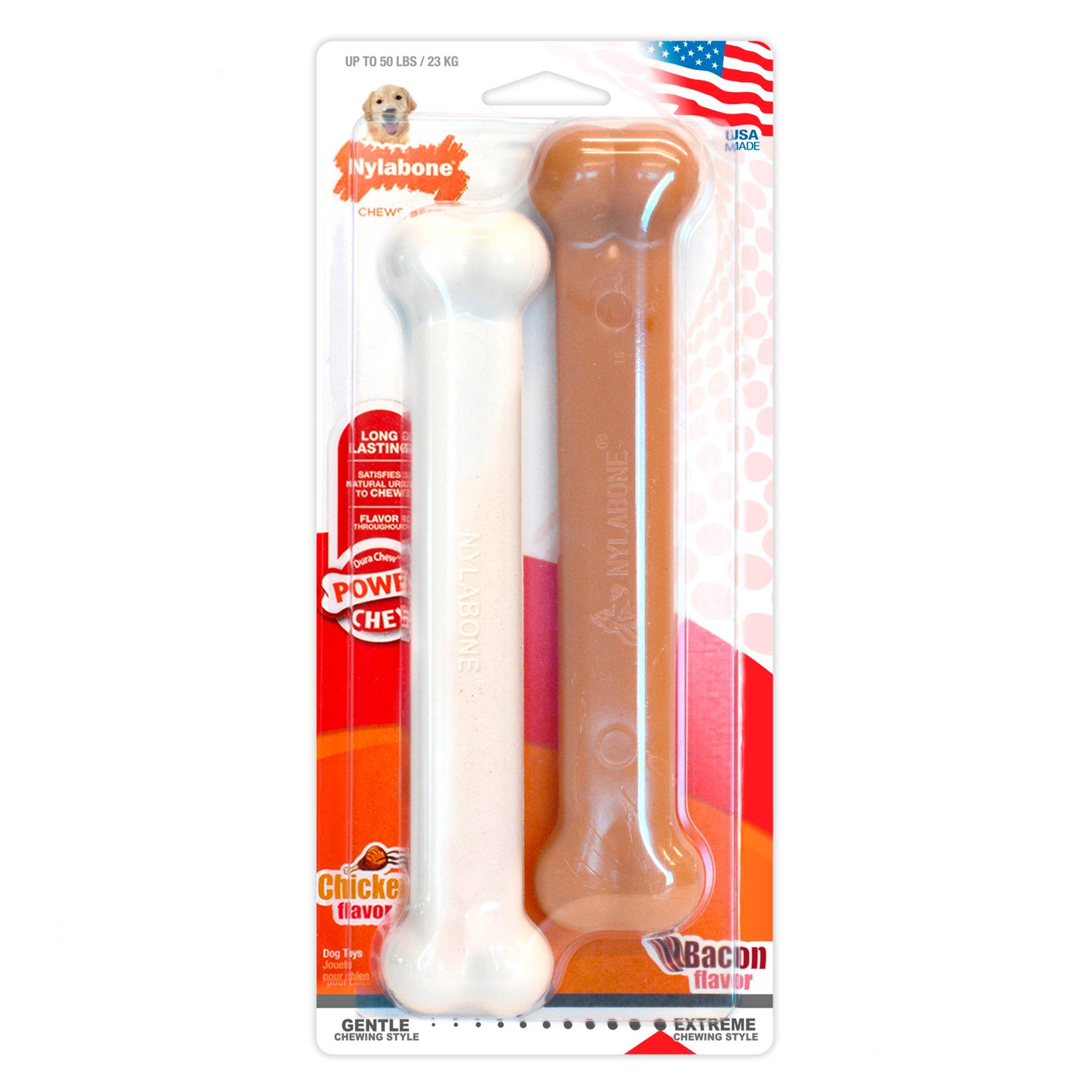 Nylabone Power Chew Durable Dog Toy Bacon & Chicken Large/Giant – Up to 50 lbs 2 Count