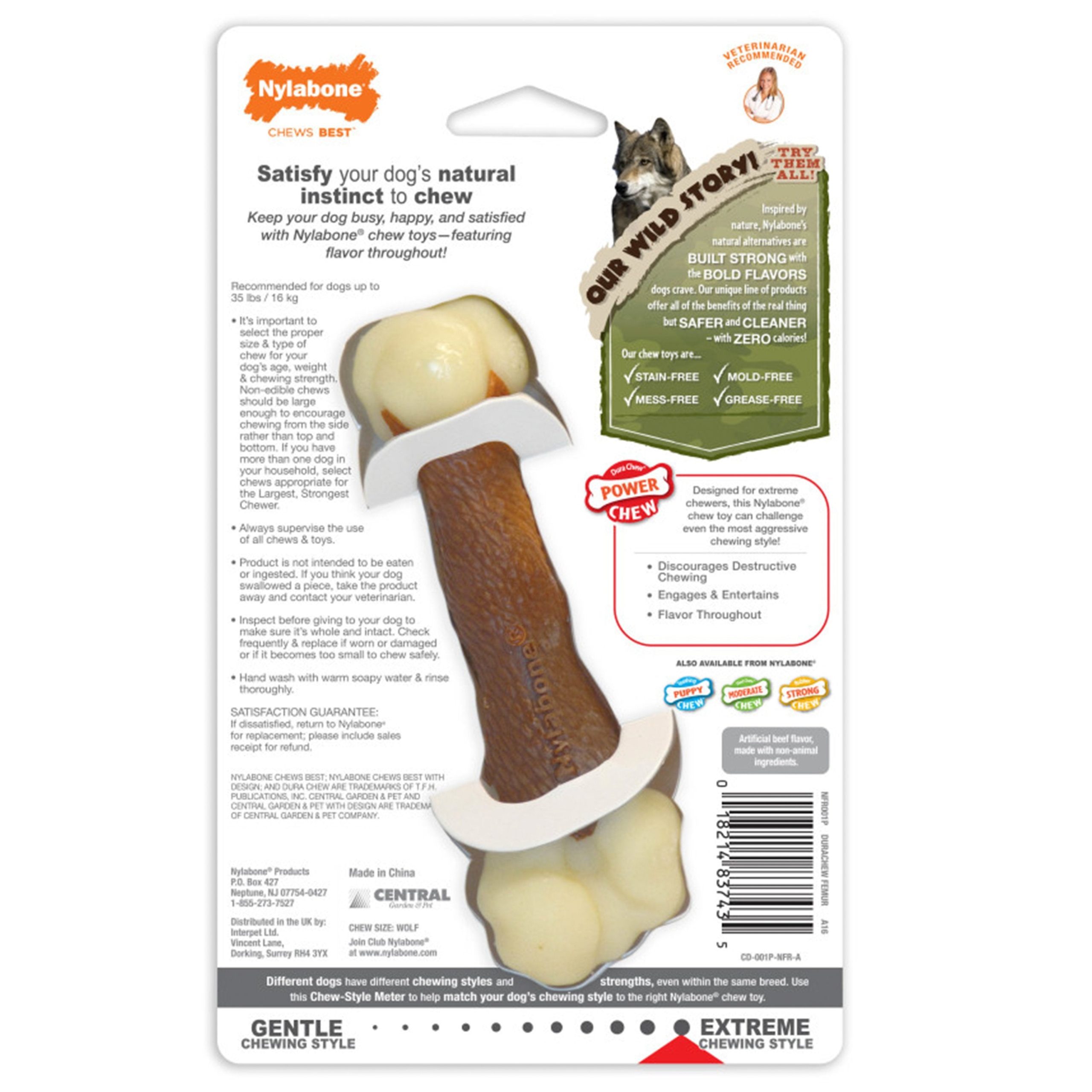 Nylabone Power Chew Femur Bone Alternative Dog Toy Beef Medium/Wolf – Up To 35 lbs