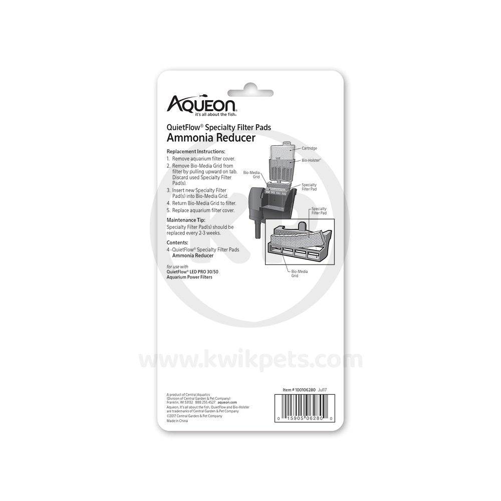 Aqueon QuietFlow Ammonia Reducer Replacement Specialty Filter Pads 4 Count Size 30/50