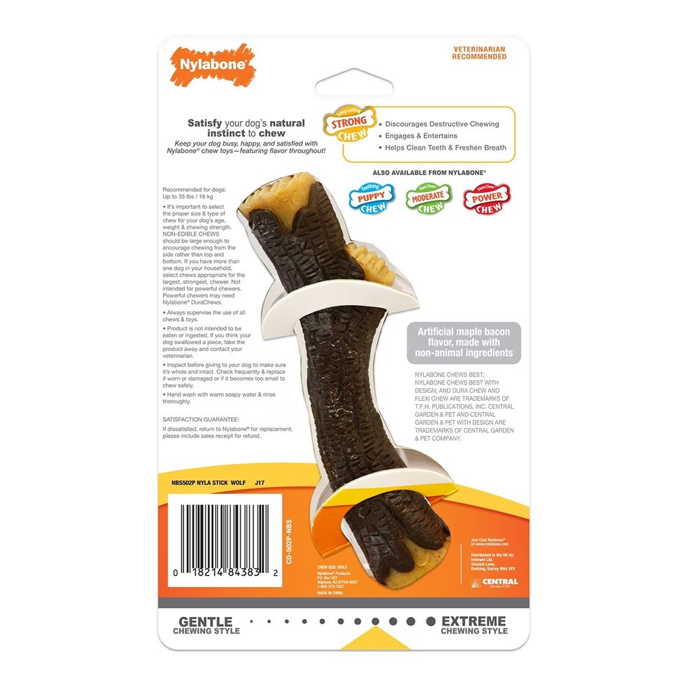 Nylabone Strong Chew Real Wood Dog Stick Toy Bacon Medium/Wolf – Up To 35 lbs