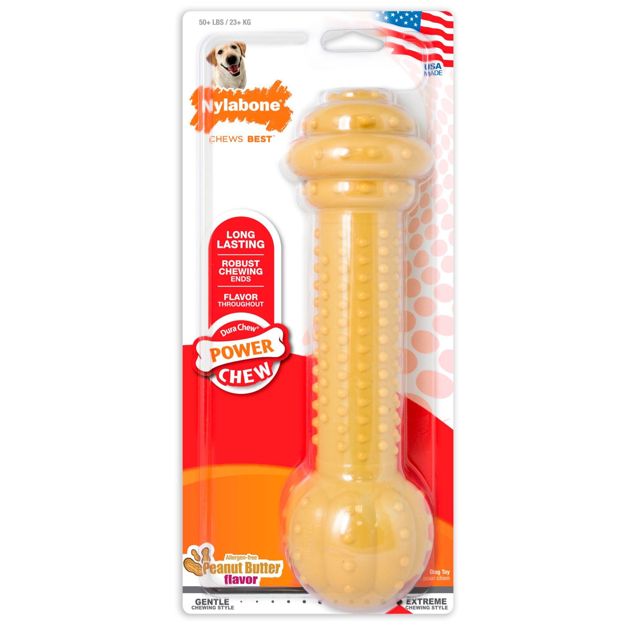 Nylabone Barbell Power Chew Durable Dog Toy Peanut Butter Large/Giant – Up To 50 lbs