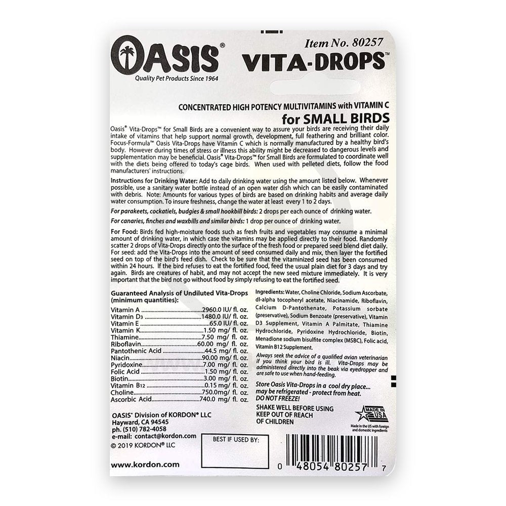 Oasis Vita Drops Multivitamin Supplement for Small Birds 2-oz