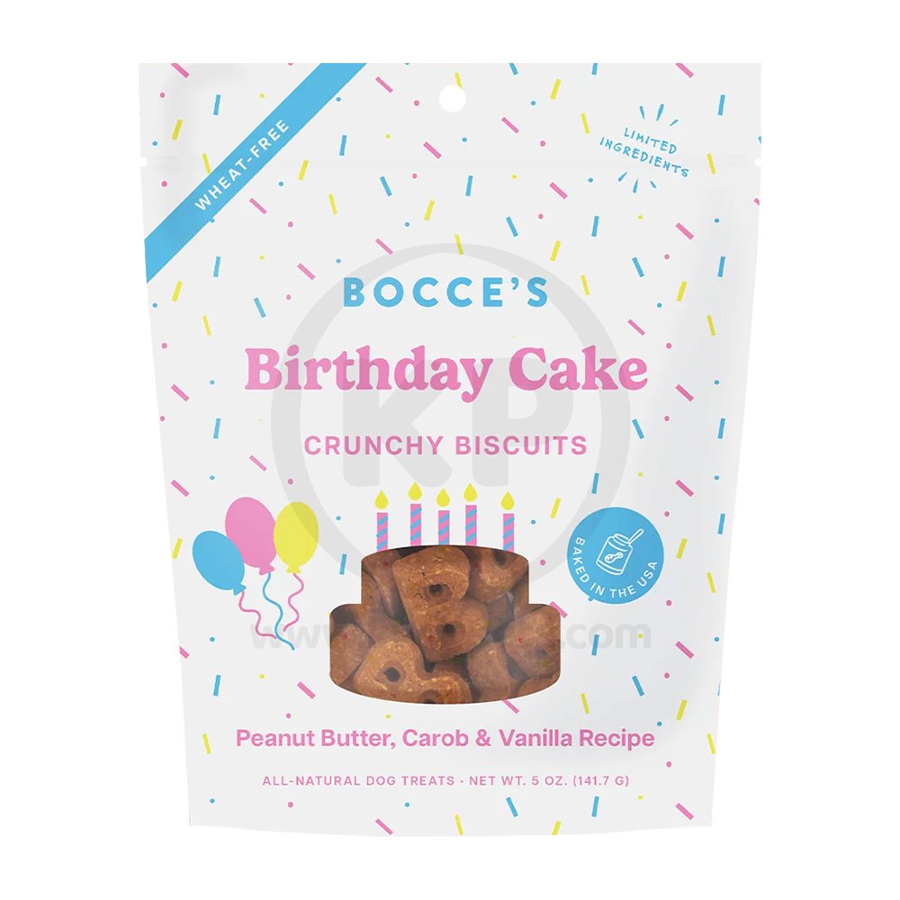 Bocce’s Bakery Birthday Cake Crunchy Biscuits Dog Treats Peanut Butter Carob & Vanilla 5-oz