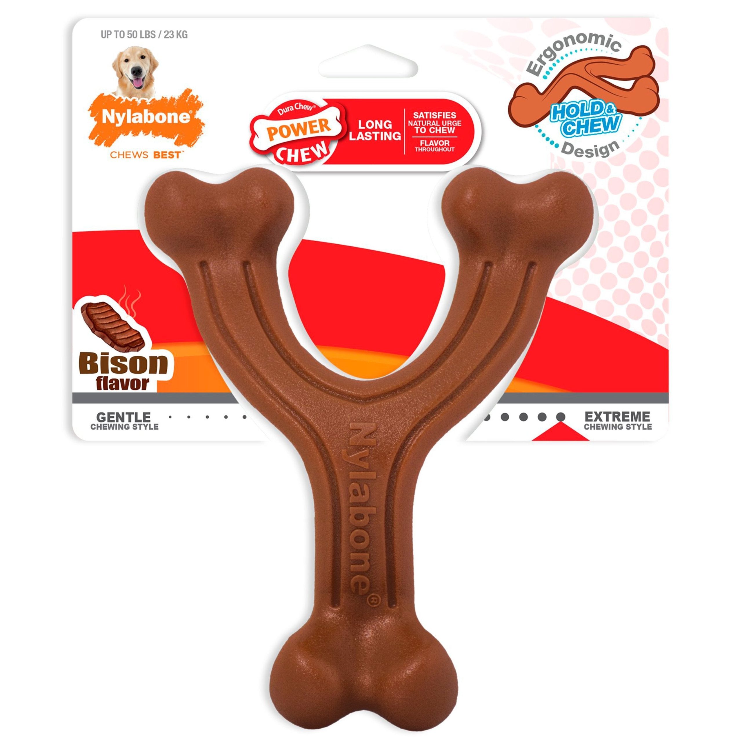 Nylabone Ergonomic Hold & Chew Wishbone Power Chew Durable Dog Toy Bacon Large/Giant – Up To 50 lbs