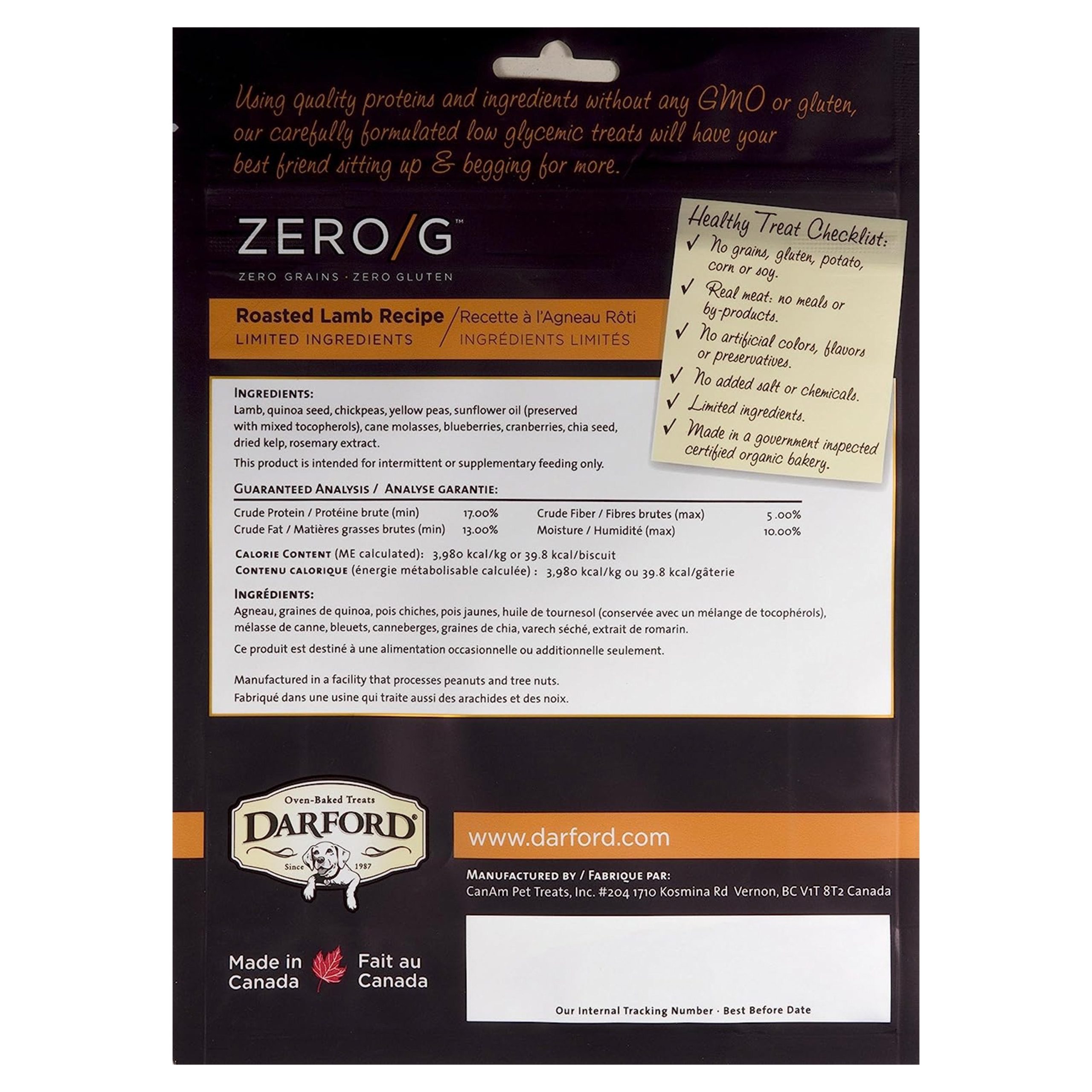 Darford Zero/G Grain-Free Roasted Lamb Dog Treats 12-oz