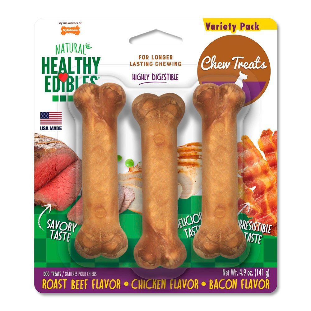 Nylabone Healthy Edibles All-Natural Long Lasting Chew Treats Variety Pack Roast Beef Chicken & Bacon Small/Regular – Up To 25 Ibs 3 Count