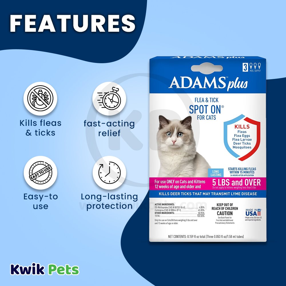 Adams Plus Flea & Tick 3 Month Supply Spot On for Cats & Kittens Over 5-lb