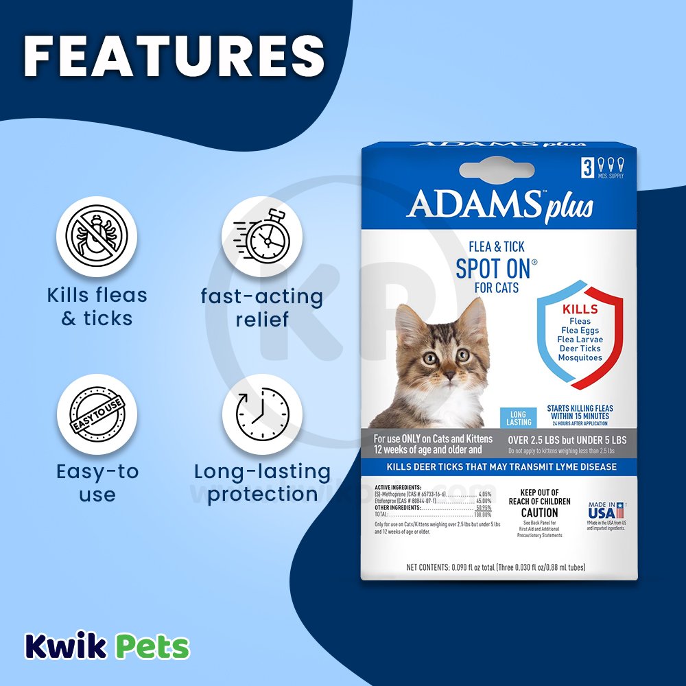 Adams Plus Flea & Tick 3 Month Supply Spot On for Cats & Kittens Over 2.5-lb