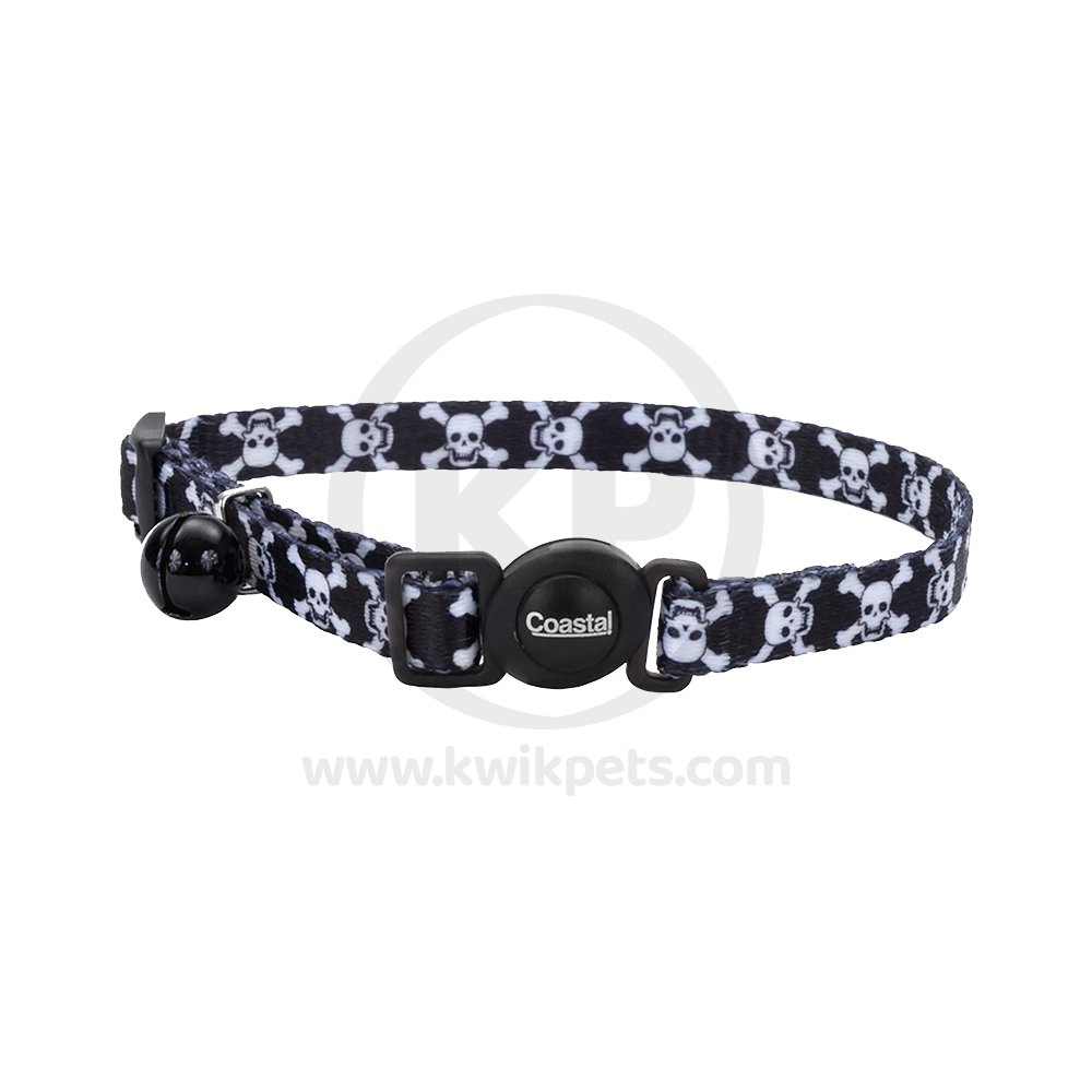 Coastal Safe Cat Adjustable Breakaway Collar Black Skulls 3/8 in X 8-12 in