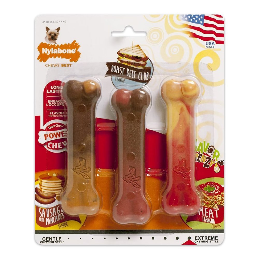 Nylabone Flavor Frenzy Power Chew Dog Toy Triple Pack Pancakes & Sausage, Roast Beef Club, & Lasagna XS/Petite – Up To 15 lbs 3 Count