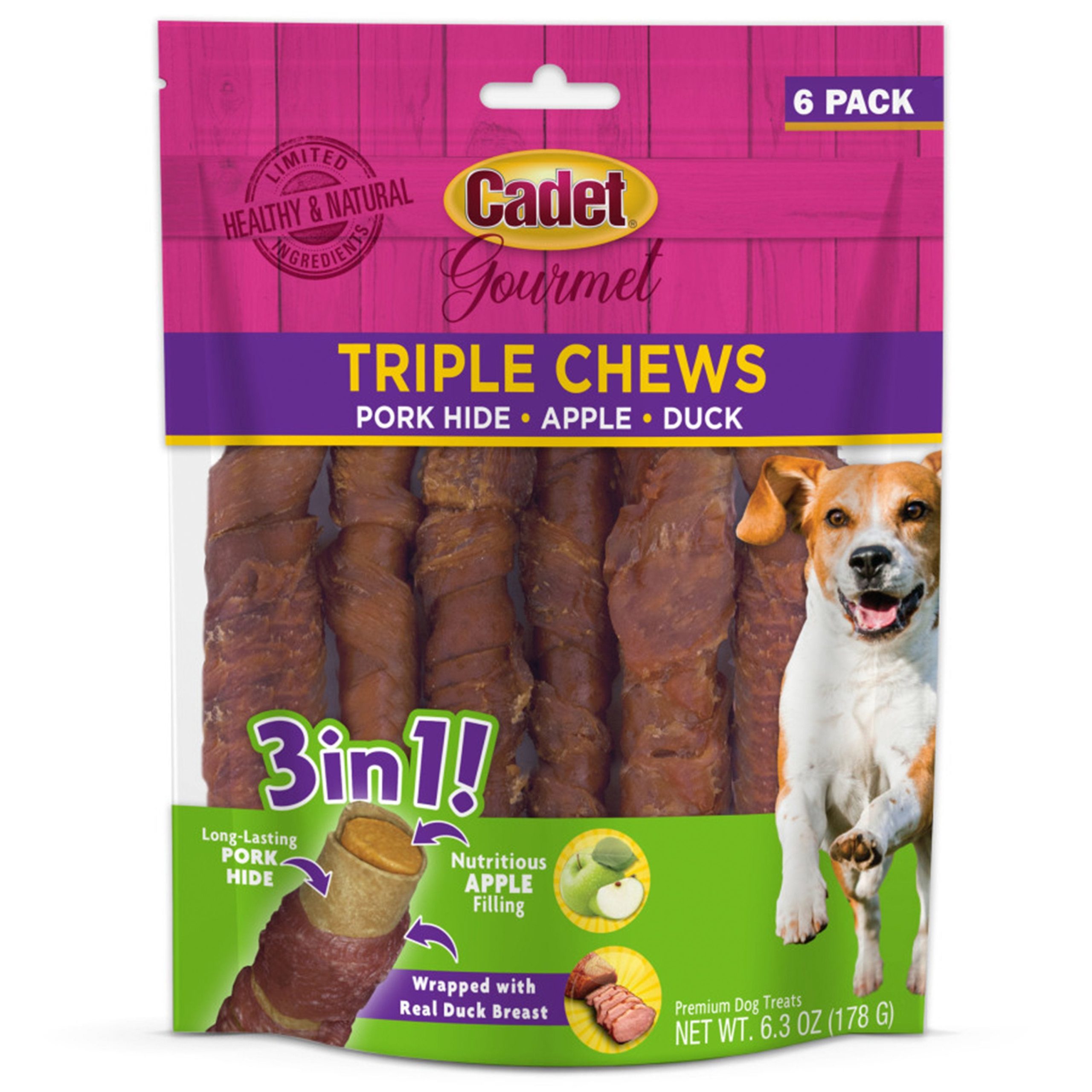 Cadet Gourmet Triple Chews Pork Hide Twists Dog Treat Apple & Duck 6 Count 6.3-oz