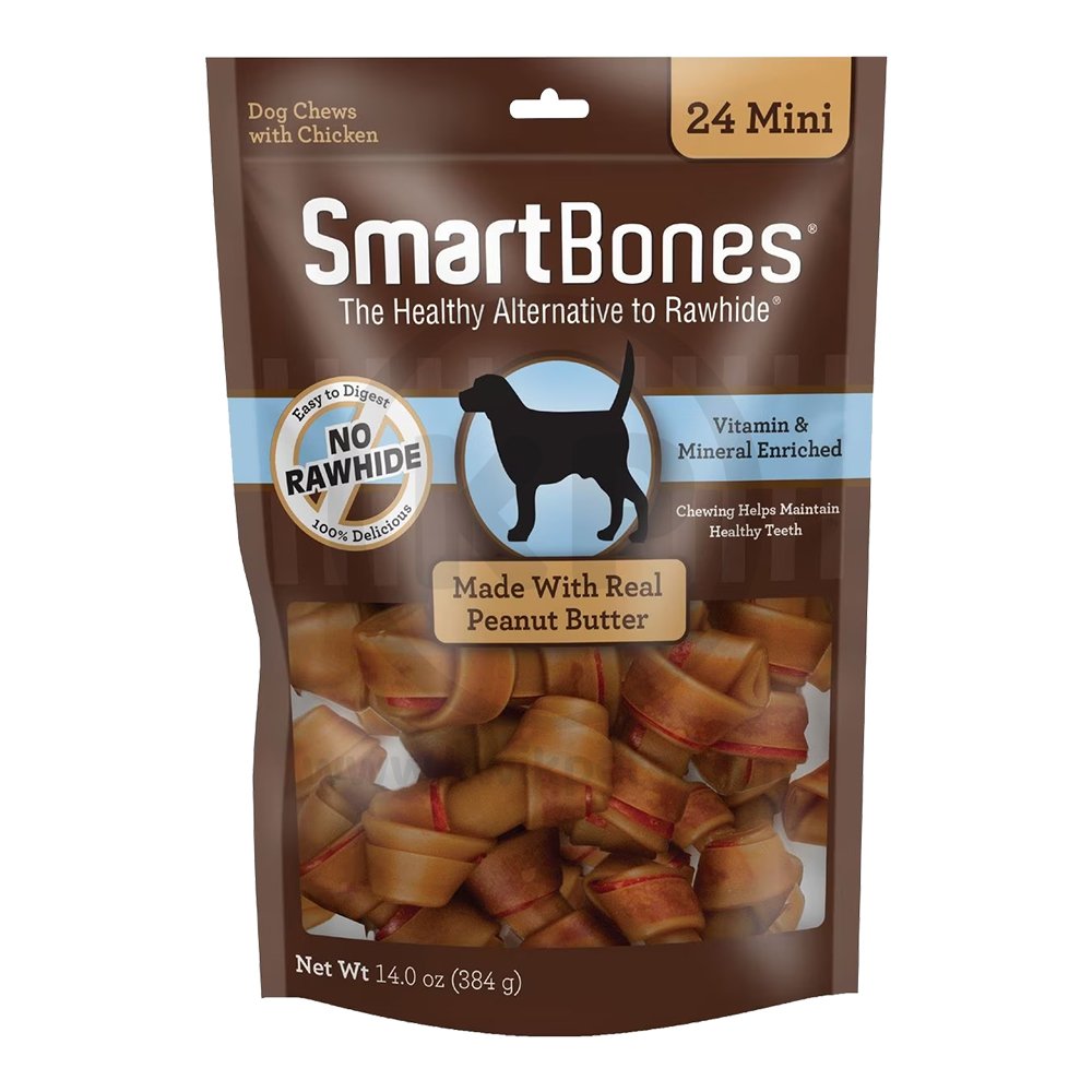 SmartBones Mini Classic Bone Chews Dog Treat Peanut Butter 24 Count 14-oz