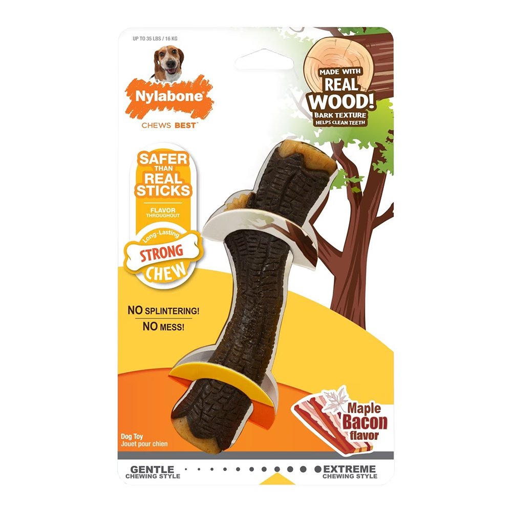 Nylabone Strong Chew Real Wood Dog Stick Toy Bacon Medium/Wolf – Up To 35 lbs