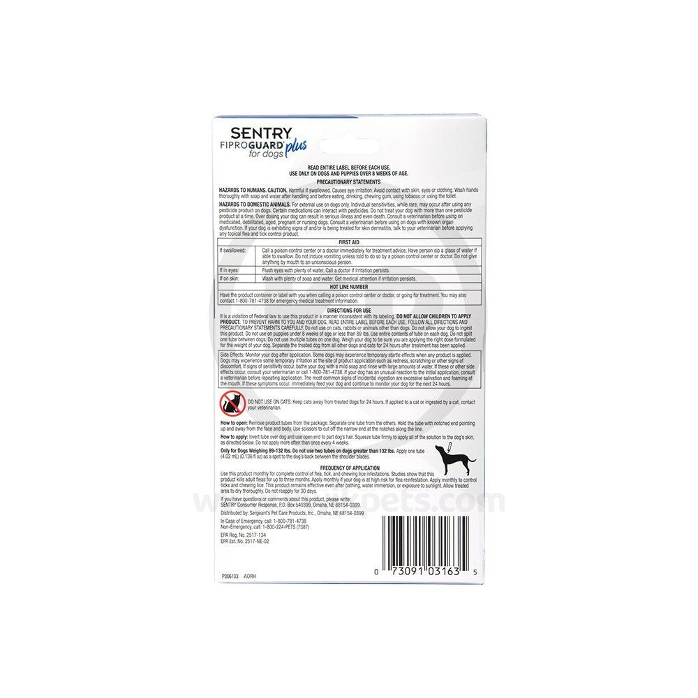 Sentry FiproGuard Plus Flea & Tick Spot-On for Dogs 89-132 lbs 3 Count