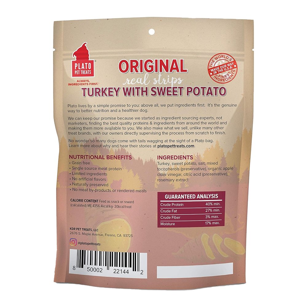 Plato Original Real Strips Grain Free Turkey with Sweet Potato Dog Treats 18-oz