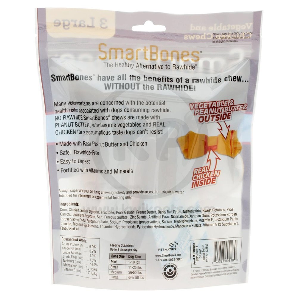 SmartBones Large Classic Bone Chews Dog Treat Peanut Butter 3 Count 12-oz