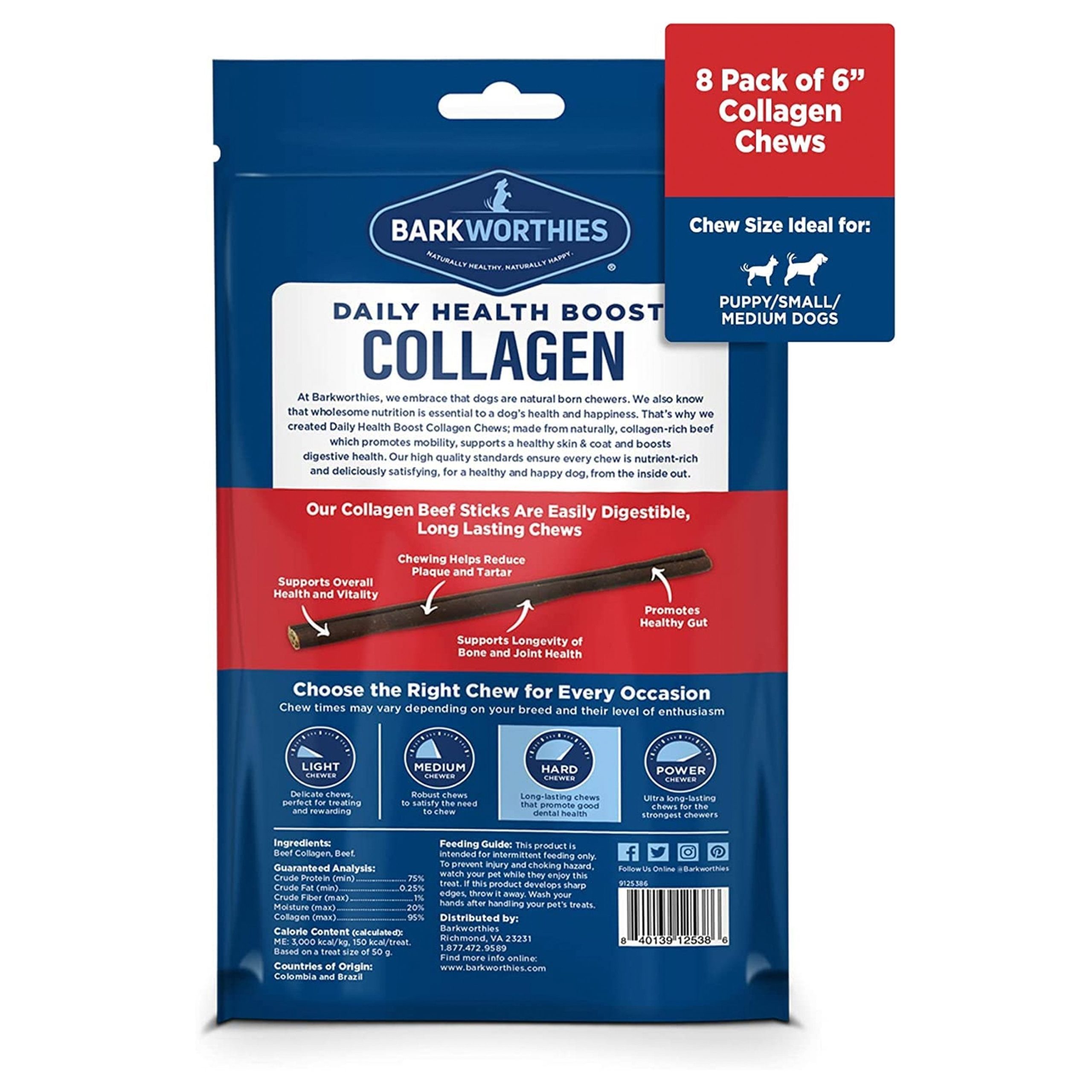 Barkworthies 6″ Plain Collagen Beef Stick Dog Chews 8 Count