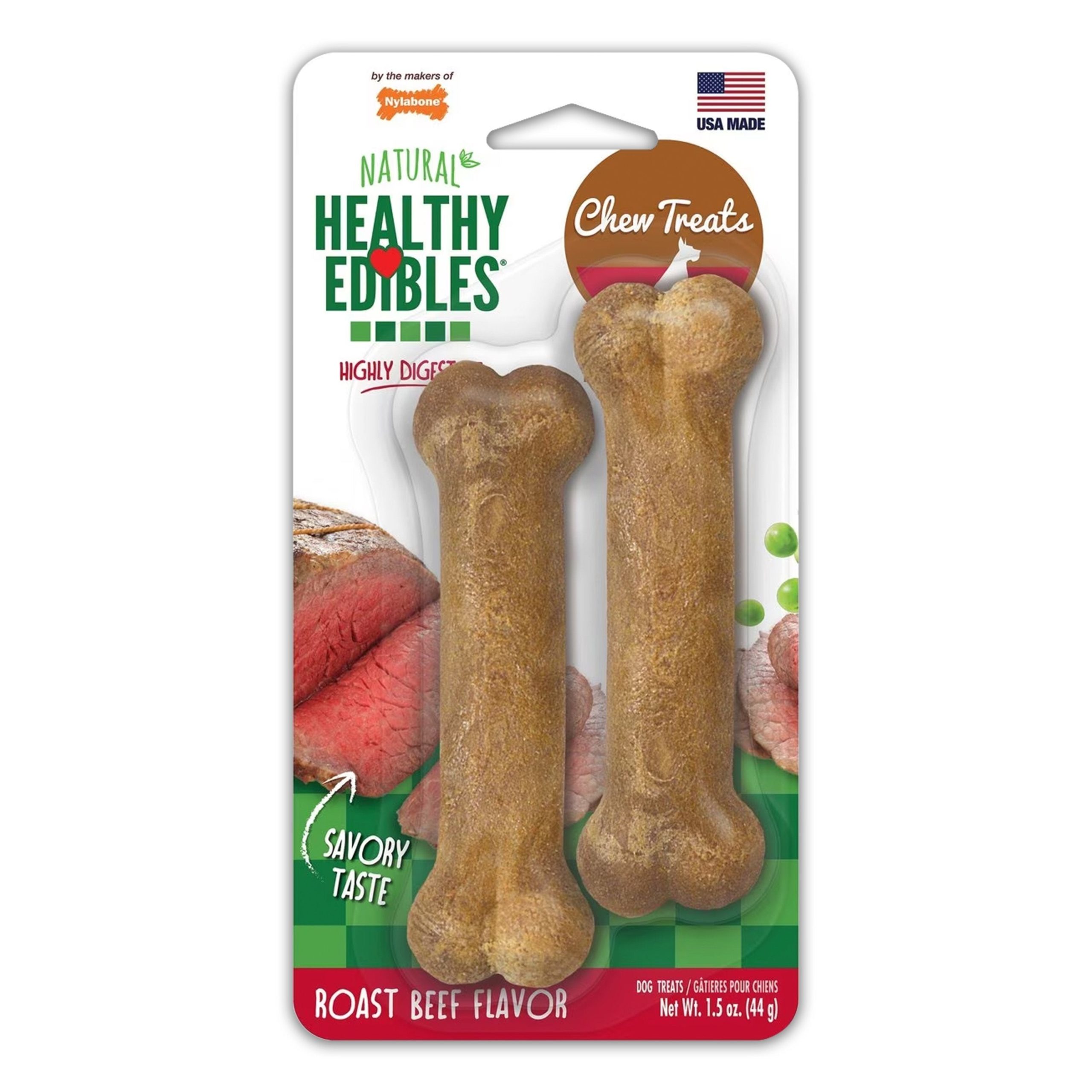 Nylabone Healthy Edibles All-Natural Long Lasting Dog Chew Treats Roast Beef XS/Petite – Up To 15 lbs 2 Count