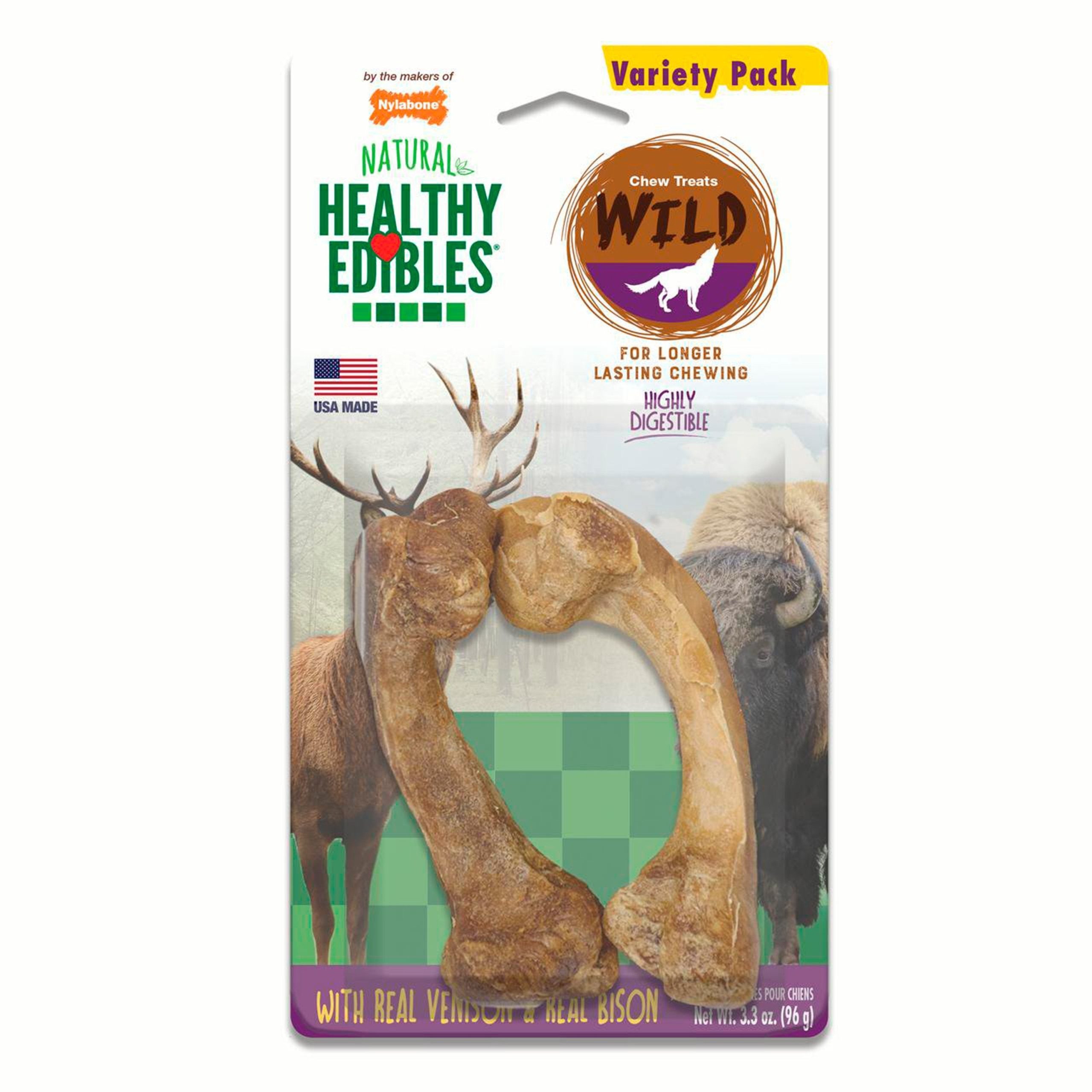 Nylabone Healthy Edibles Wild Natural Long Lasting Dog Chew Variety Pack Venison & Bison Medium 2 Count