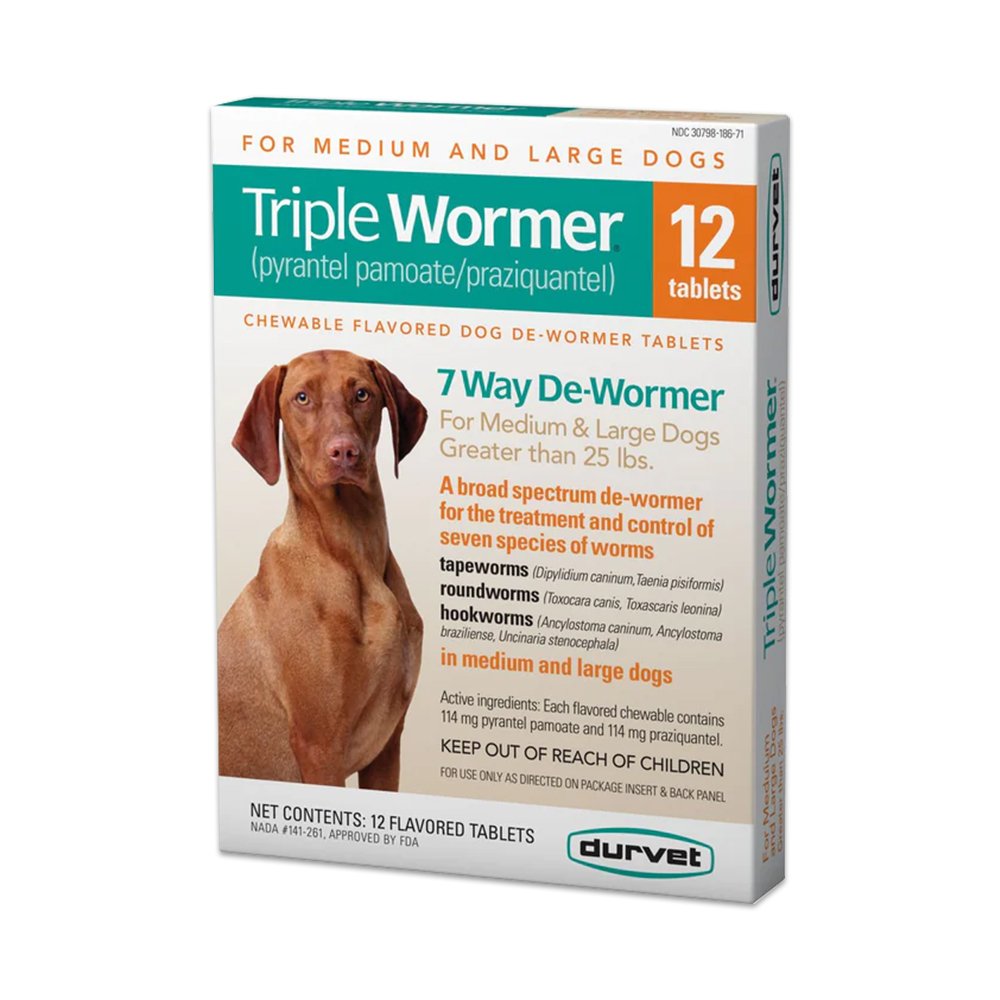 Durvet Triple Wormer Chewable Tablets for Medium & Large Dogs 12 Count