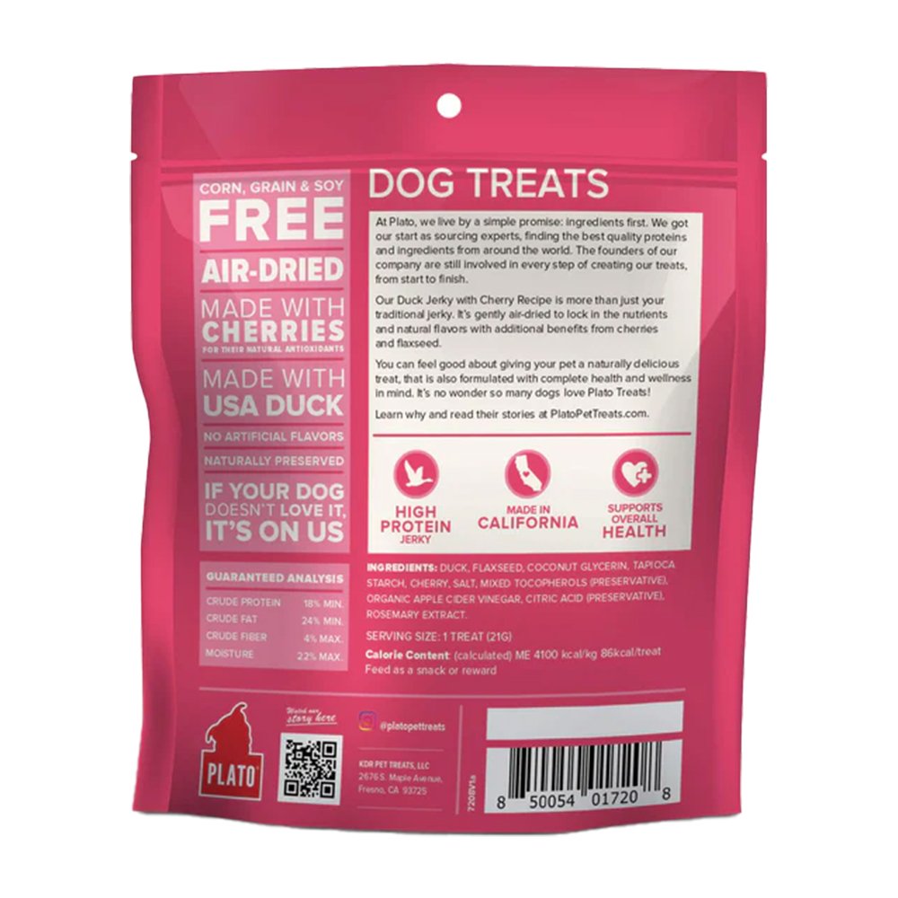 Plato Duck Jerky With Cherry Dog Treats 7-oz