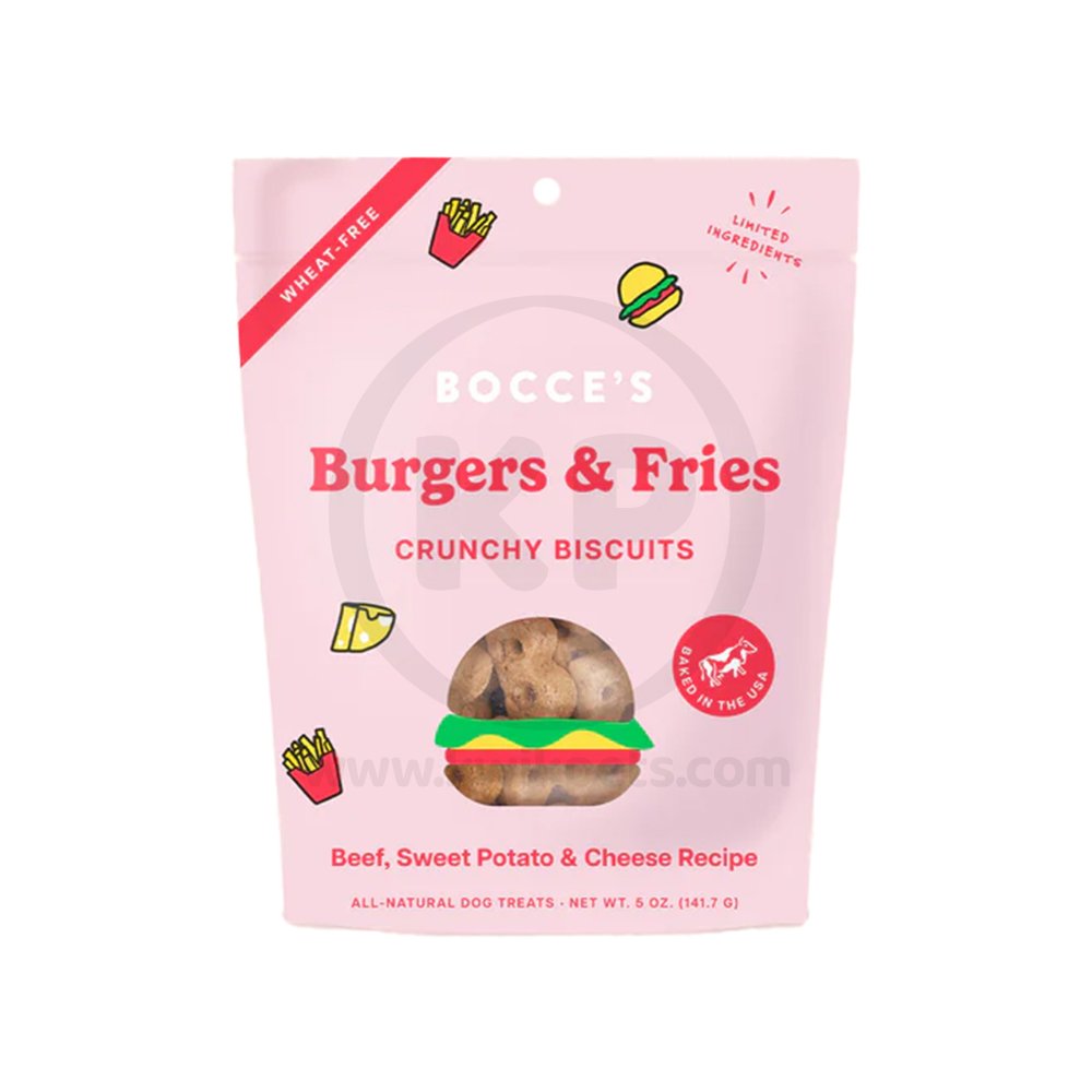 Bocce’s Bakery Burgers & Fries Crunchy Biscuits Dog Treats Beef Sweet Potato & Cheese 5-oz