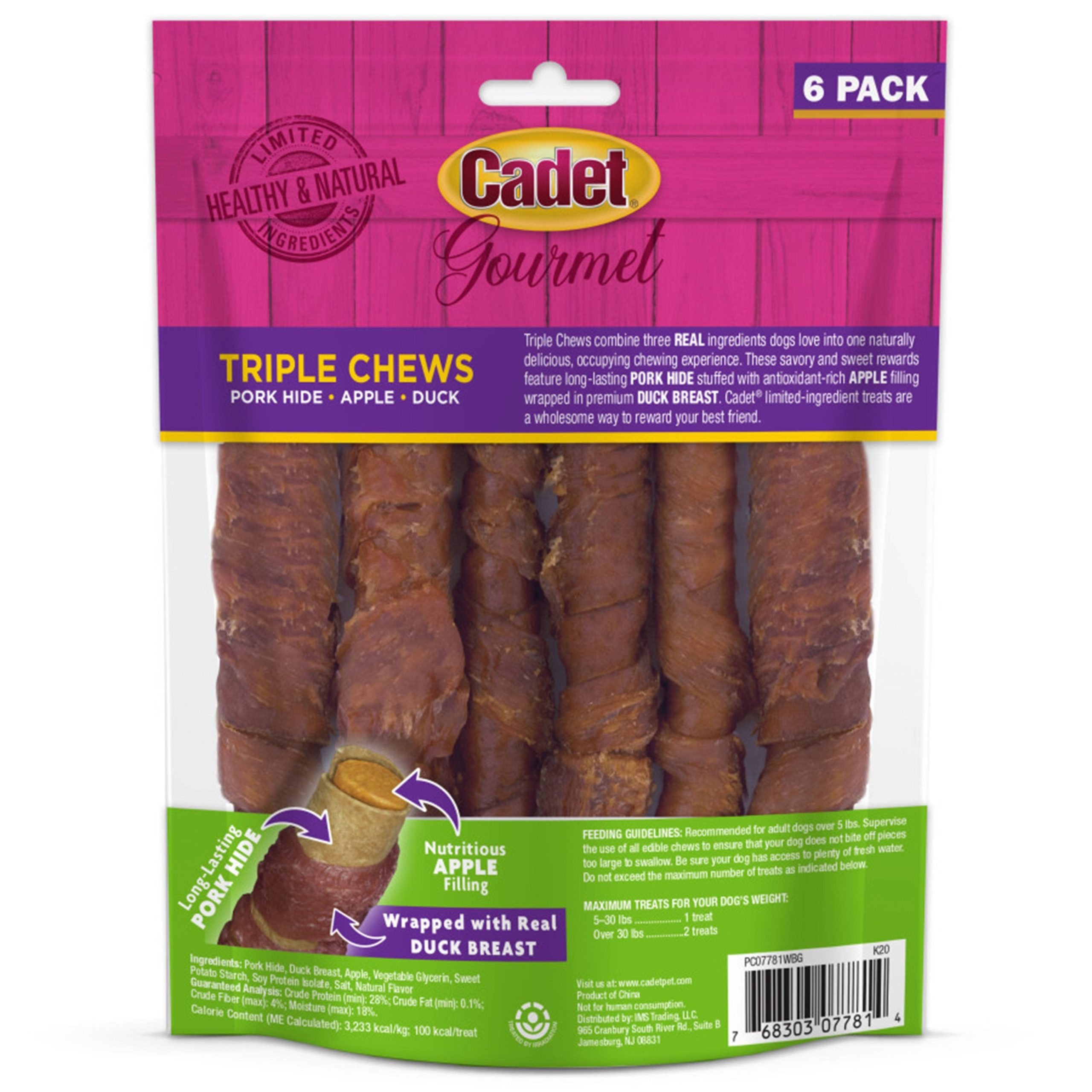 Cadet Gourmet Triple Chews Pork Hide Twists Dog Treat Apple & Duck 6 Count 6.3-oz