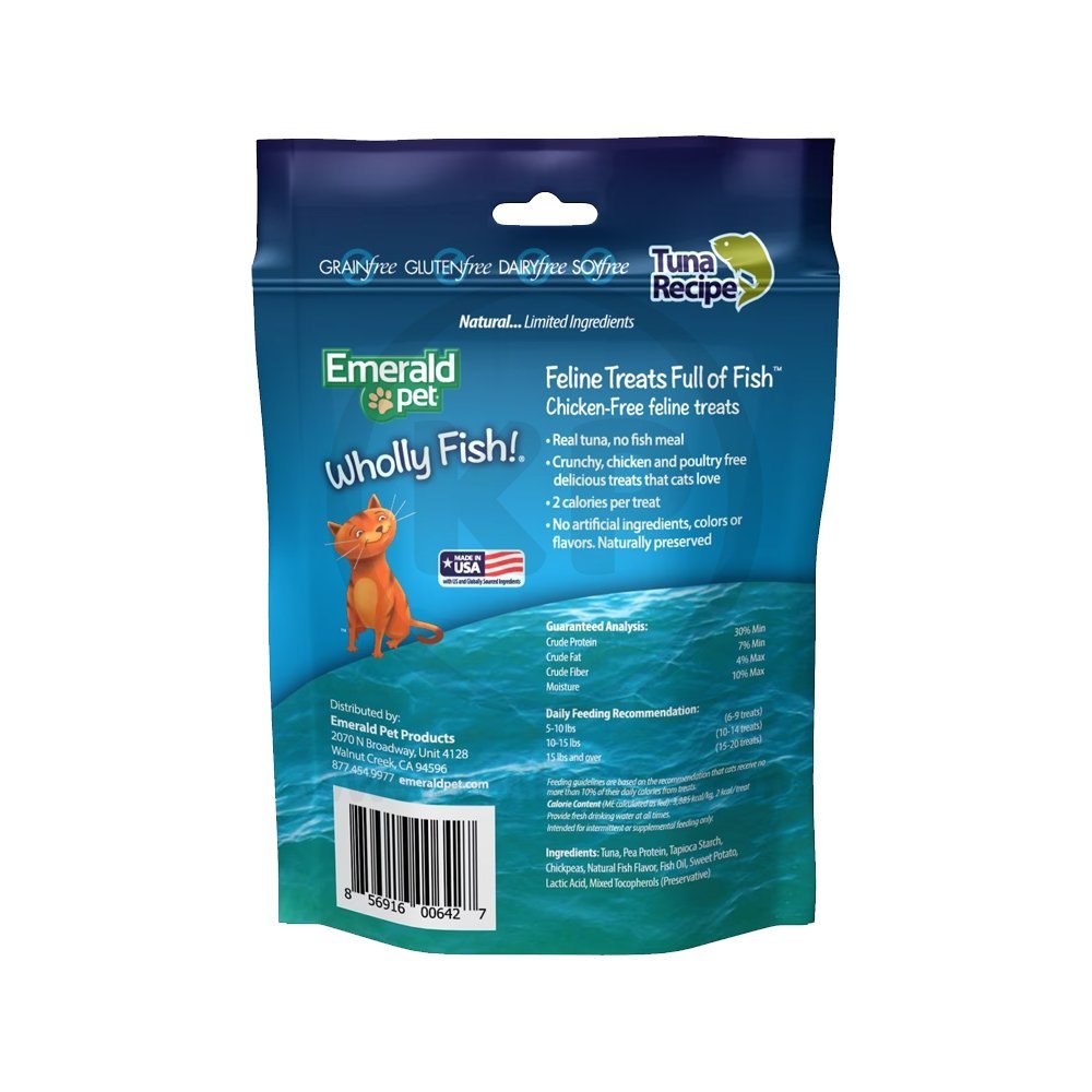 Emerald Pet Wholly Fish! Chicken-Free Feline Crunchy Cat Treats Tuna Recipe 3-oz