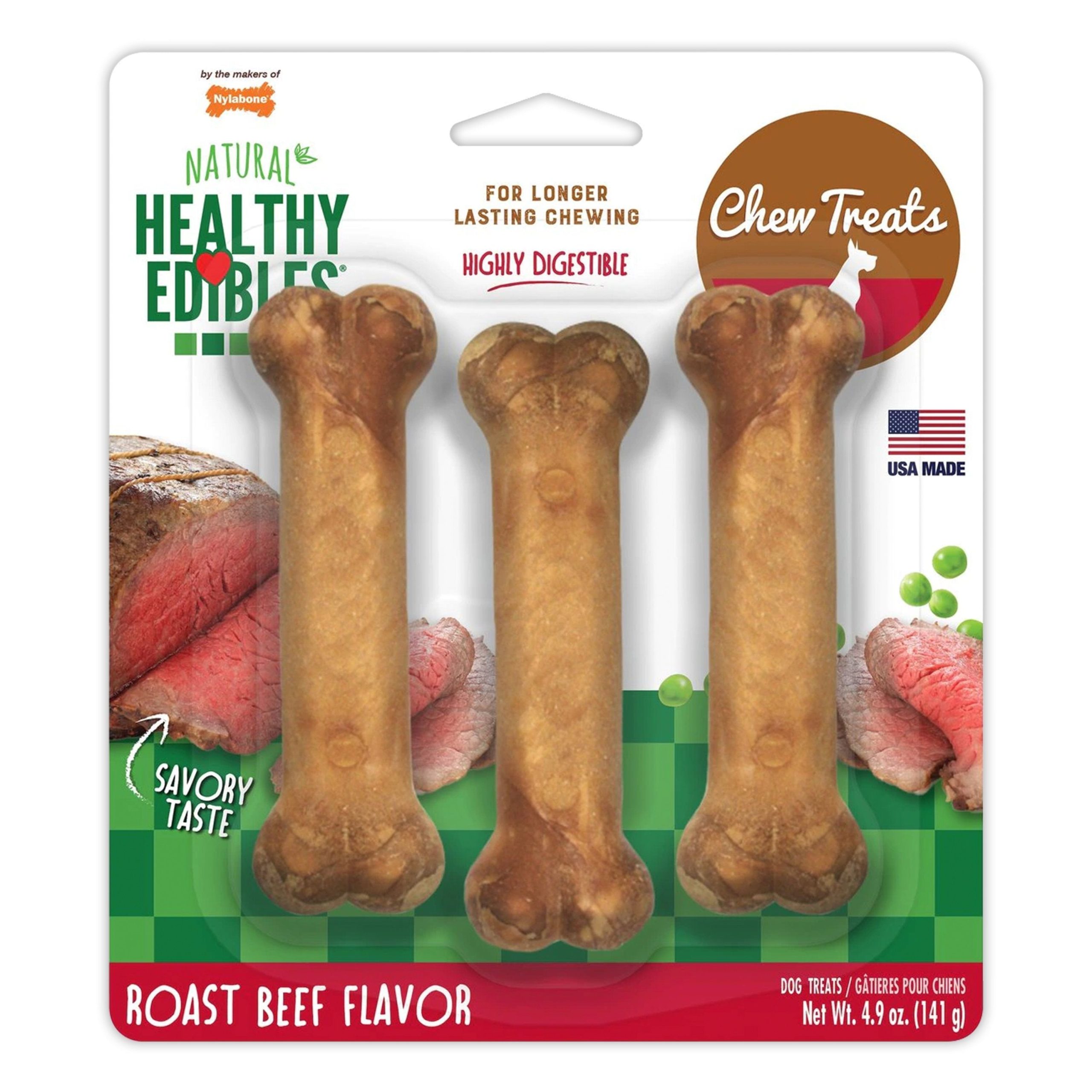 Nylabone Healthy Edibles All-Natural Long Lasting Dog Chew Treats Roast Beef Small/Regular – Up To 25 Ibs 3 Count