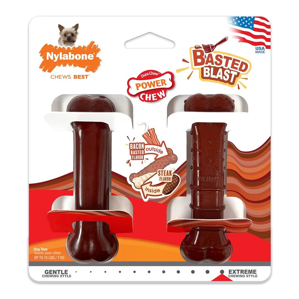 Nylabone Power Chew Basted Blast Dual Flavored Dog Toys Bacon & Steak XS/Petite – Up To 15 lbs 2 Count