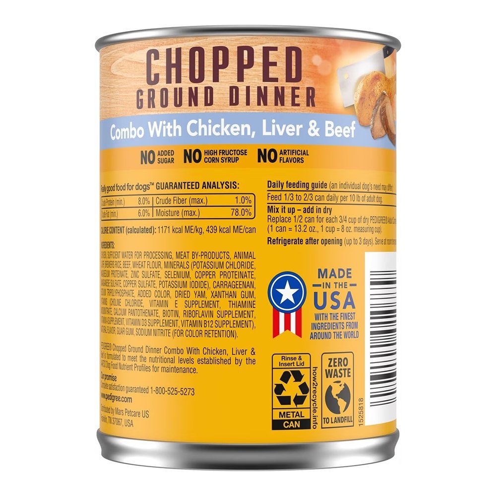 Pedigree Chopped Ground Dinner Adult Wet Dog Food Chicken Beef & Liver 13.2-oz 6 Pack