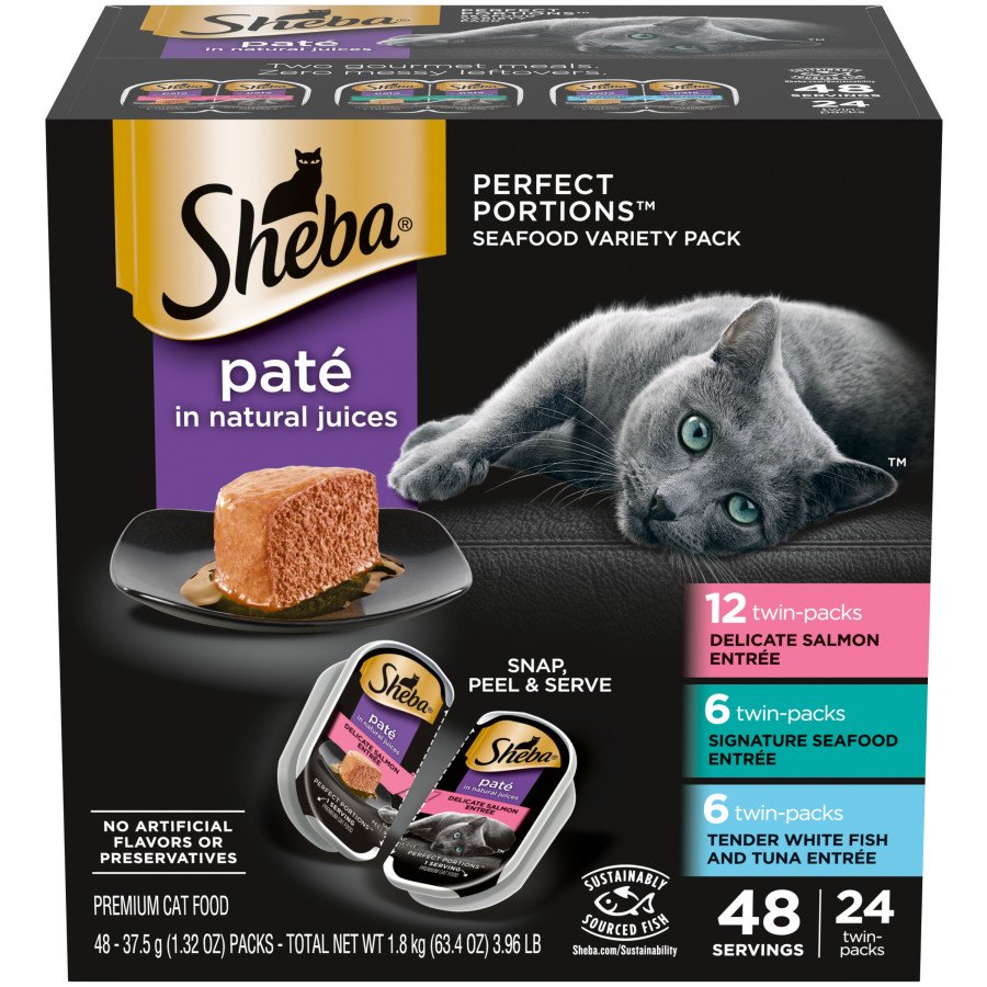 Sheba Perfect Portions Pate Wet Cat Food Salmon, Seafood & Whitefish/Tuna 24 Twin Variety Pack 48 Count 3.96-lb