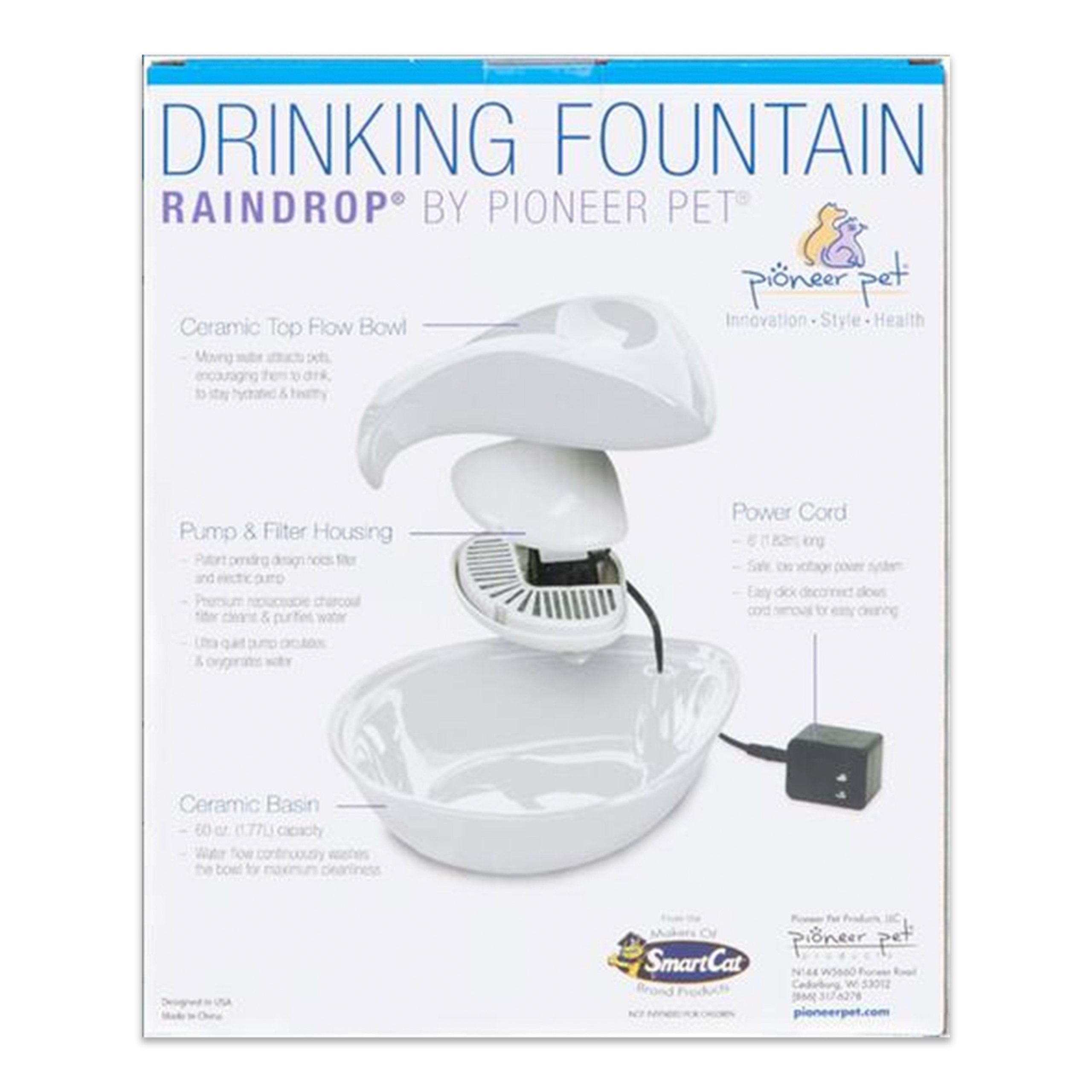 Pioneer Pet Raindrop White Ceramic Drinking Fountain 60-oz