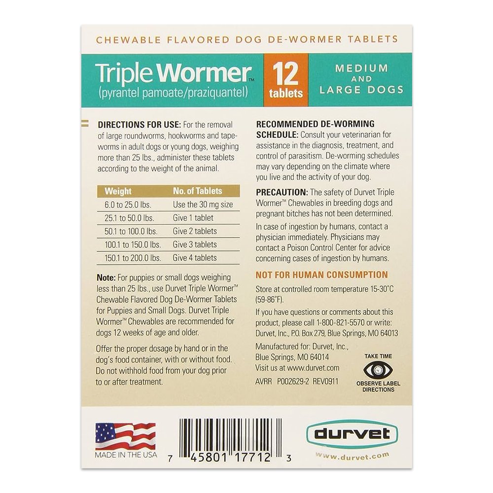 Durvet Triple Wormer Chewable Tablets for Medium & Large Dogs 12 Count